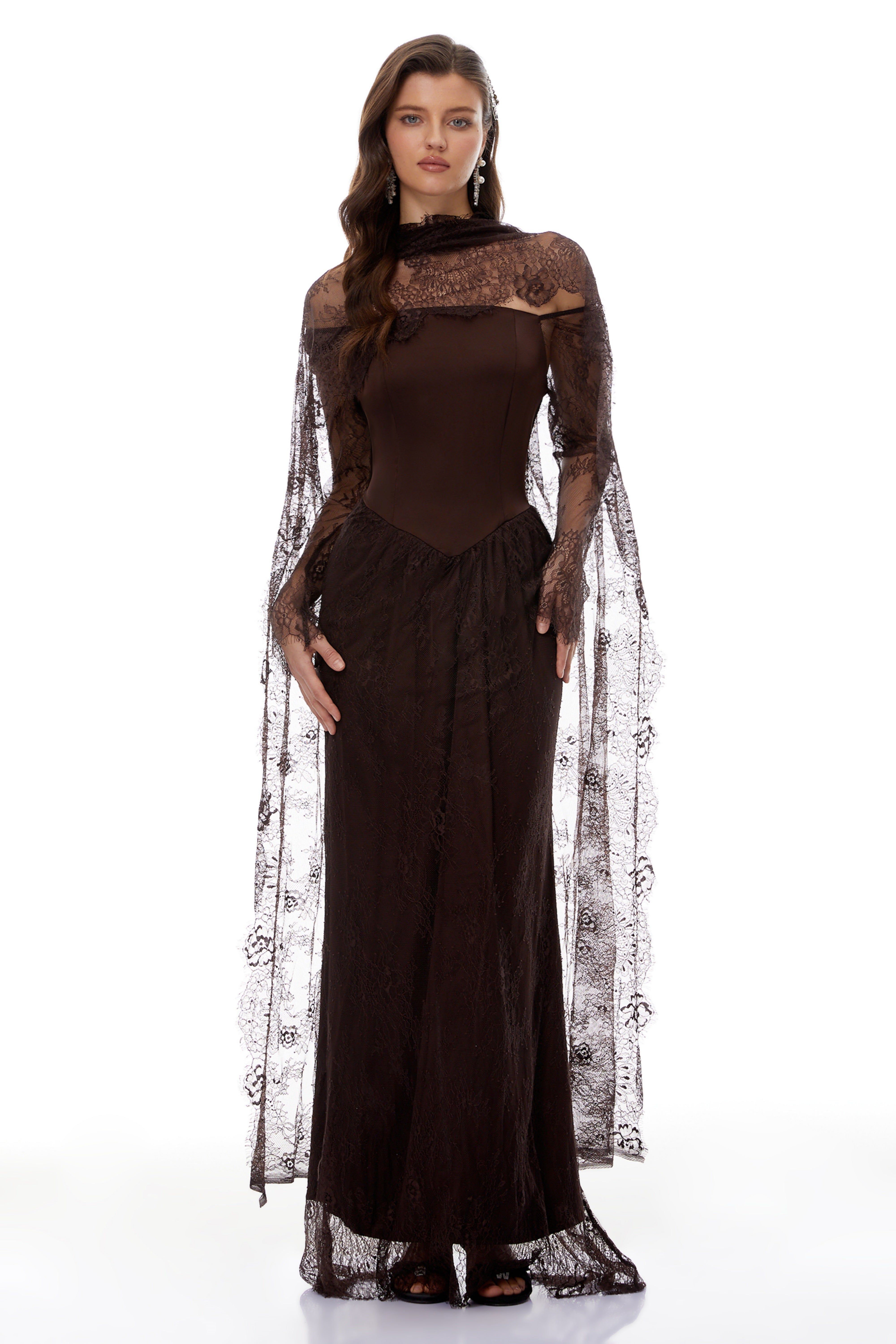 Christa Brown Floral Lace Maxi Dress with Cape