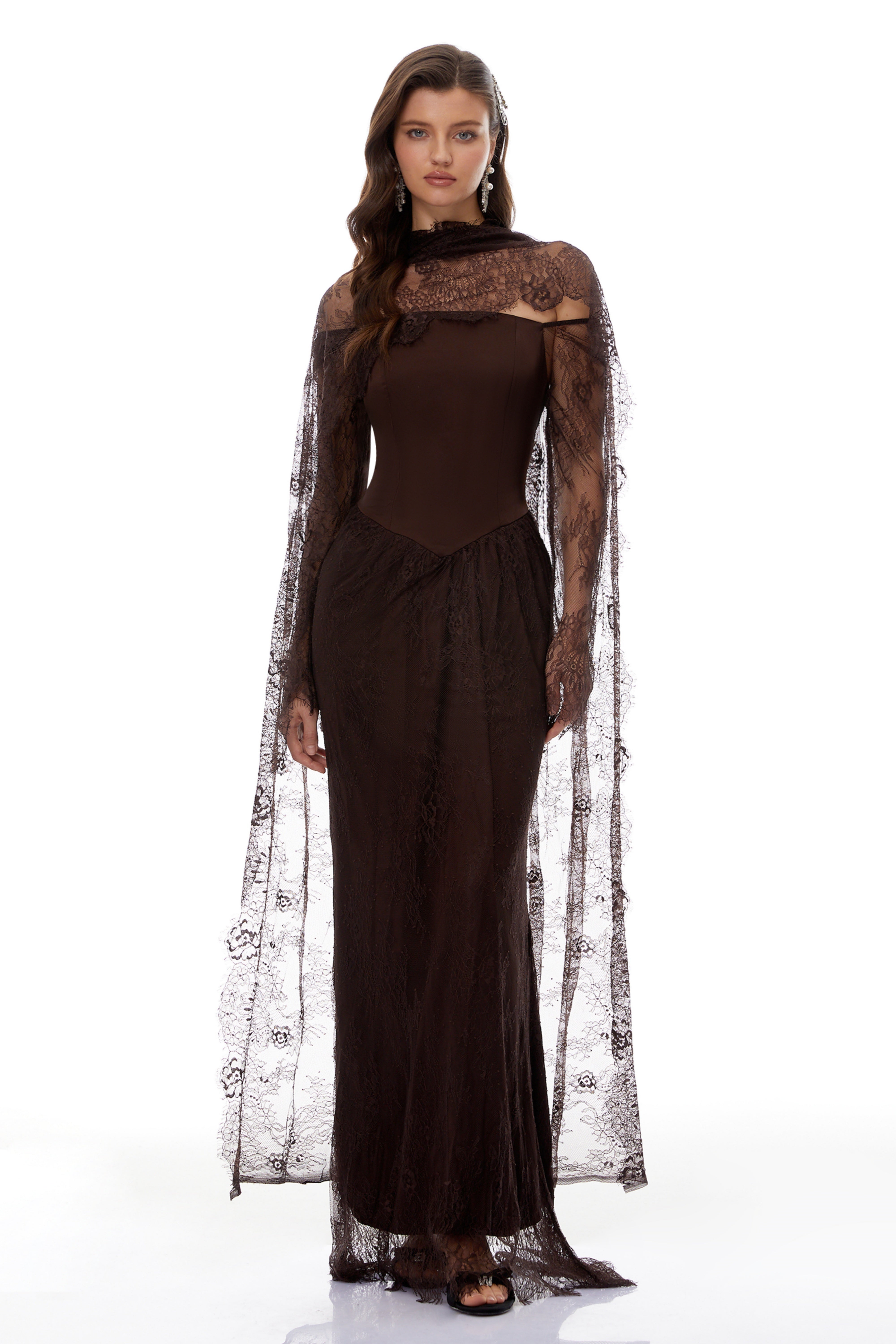 Christa Brown Floral Lace Maxi Dress with Cape