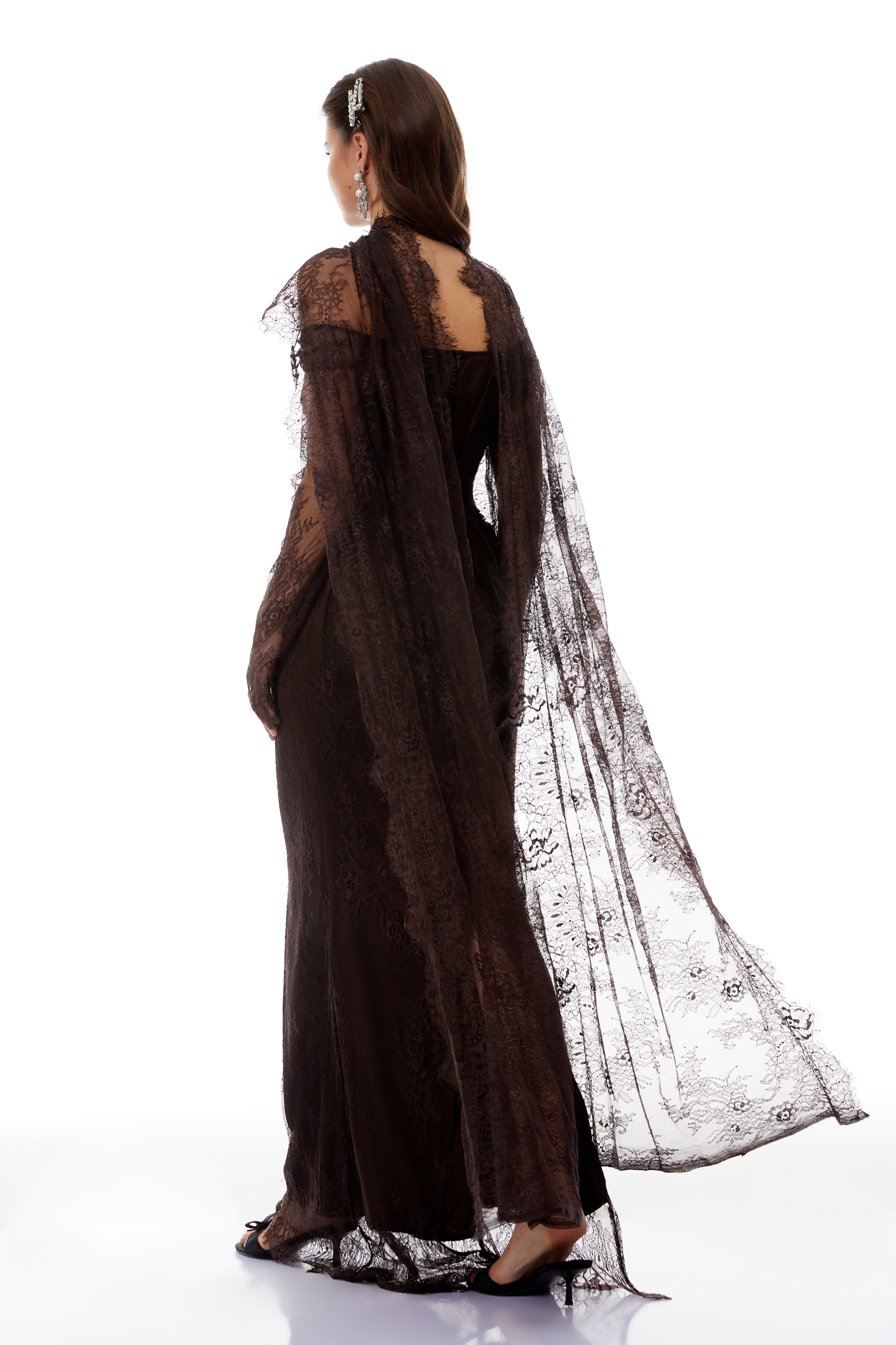 Christa Brown Floral Lace Maxi Dress with Cape