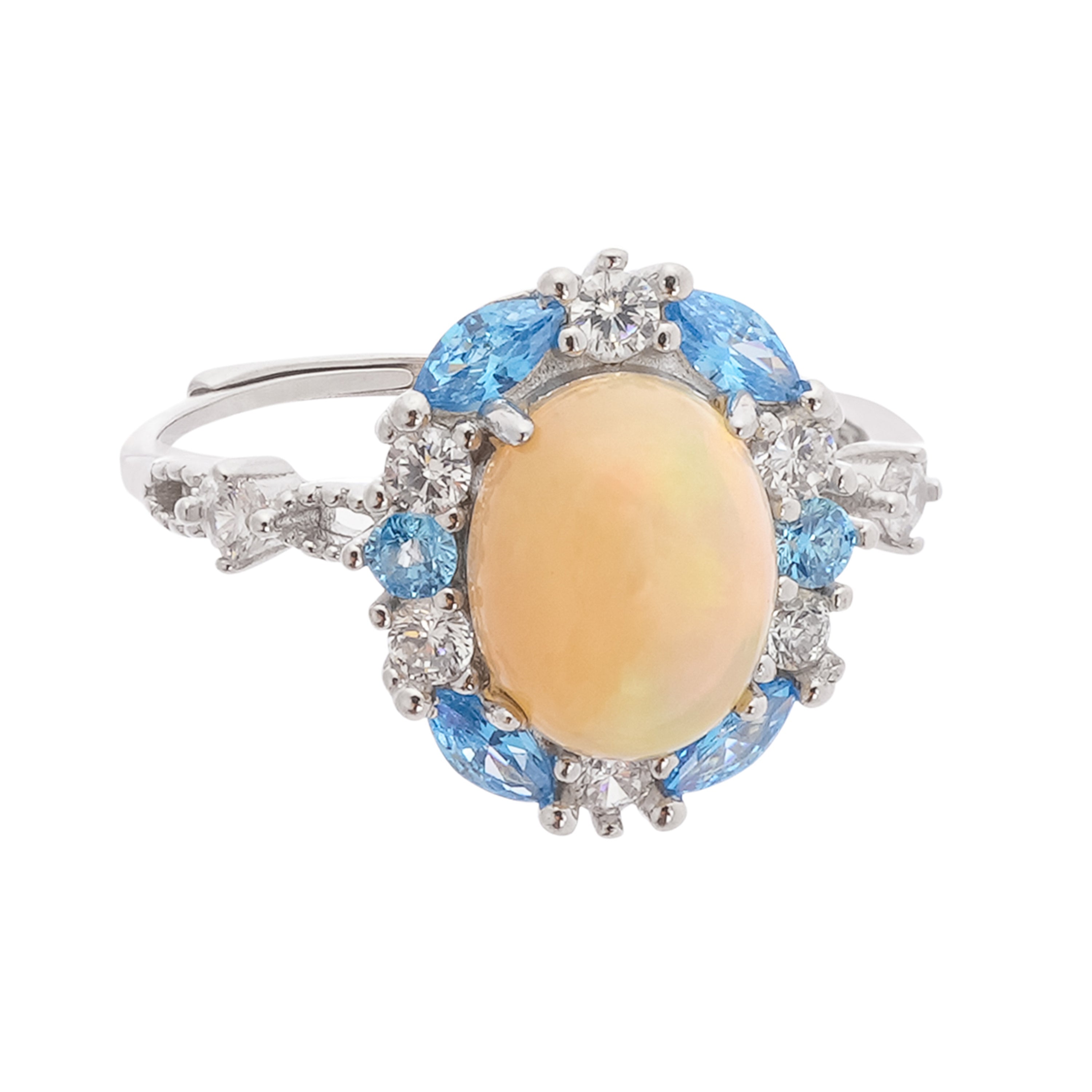 Christine Yellow Opal Oval Cabochon Blue Halo Sterling Silver Ring