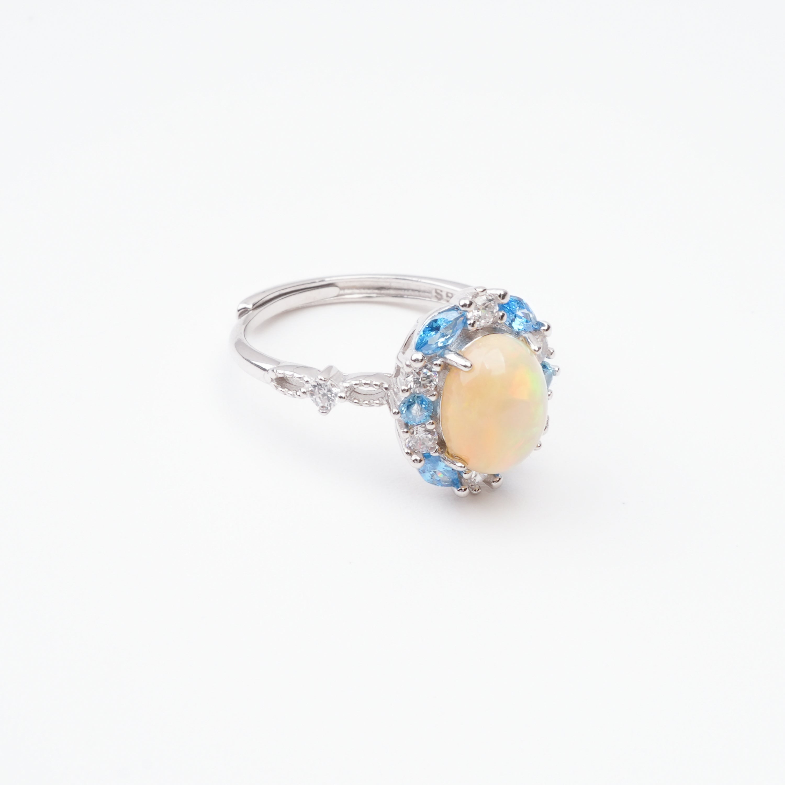 Christine Yellow Opal Oval Cabochon Blue Halo Sterling Silver Ring