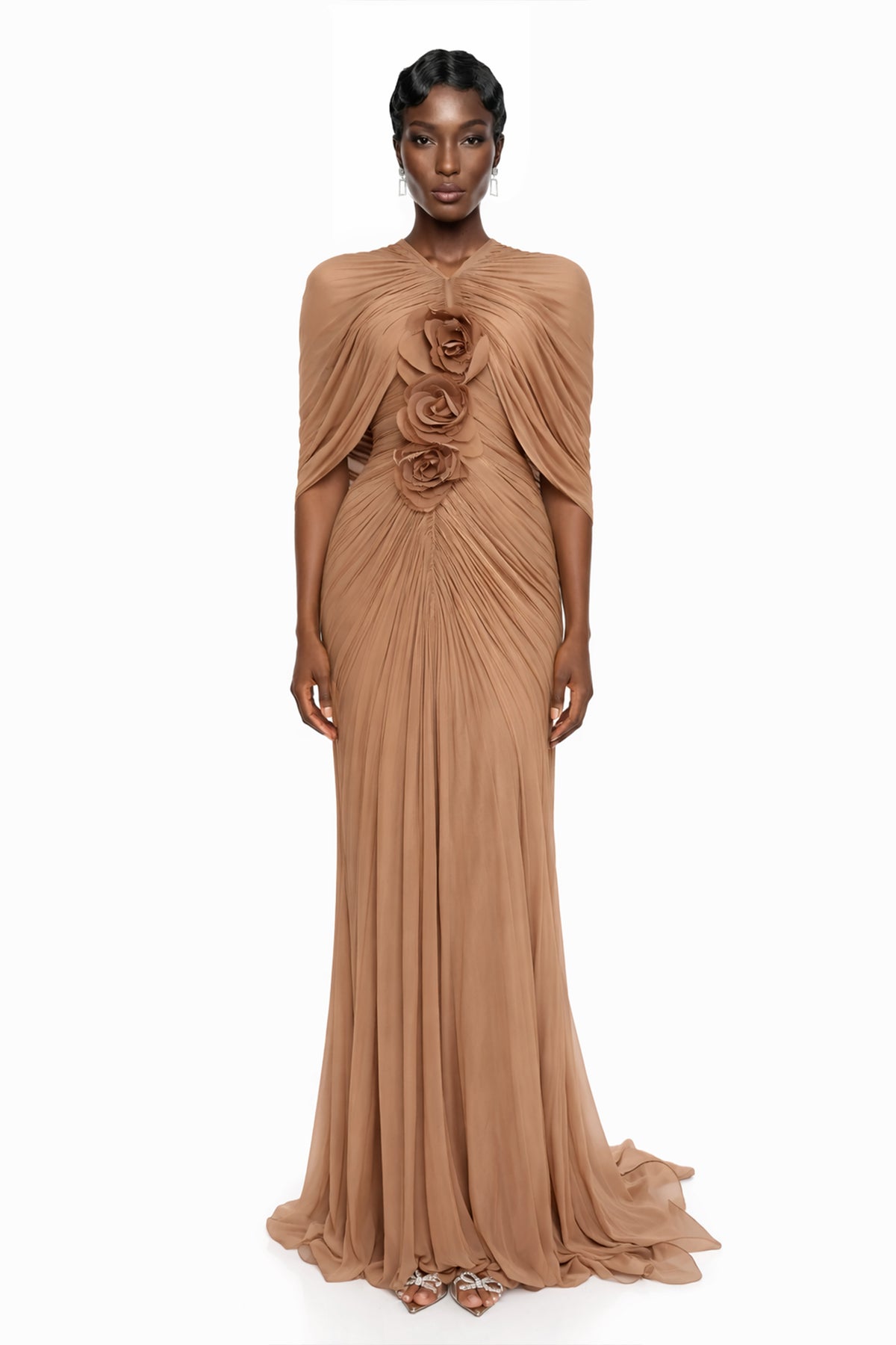call me elastic ruched maxi dress Cíntia Camel Ruched Maxi Dress with 3D Florals, XS / Brown