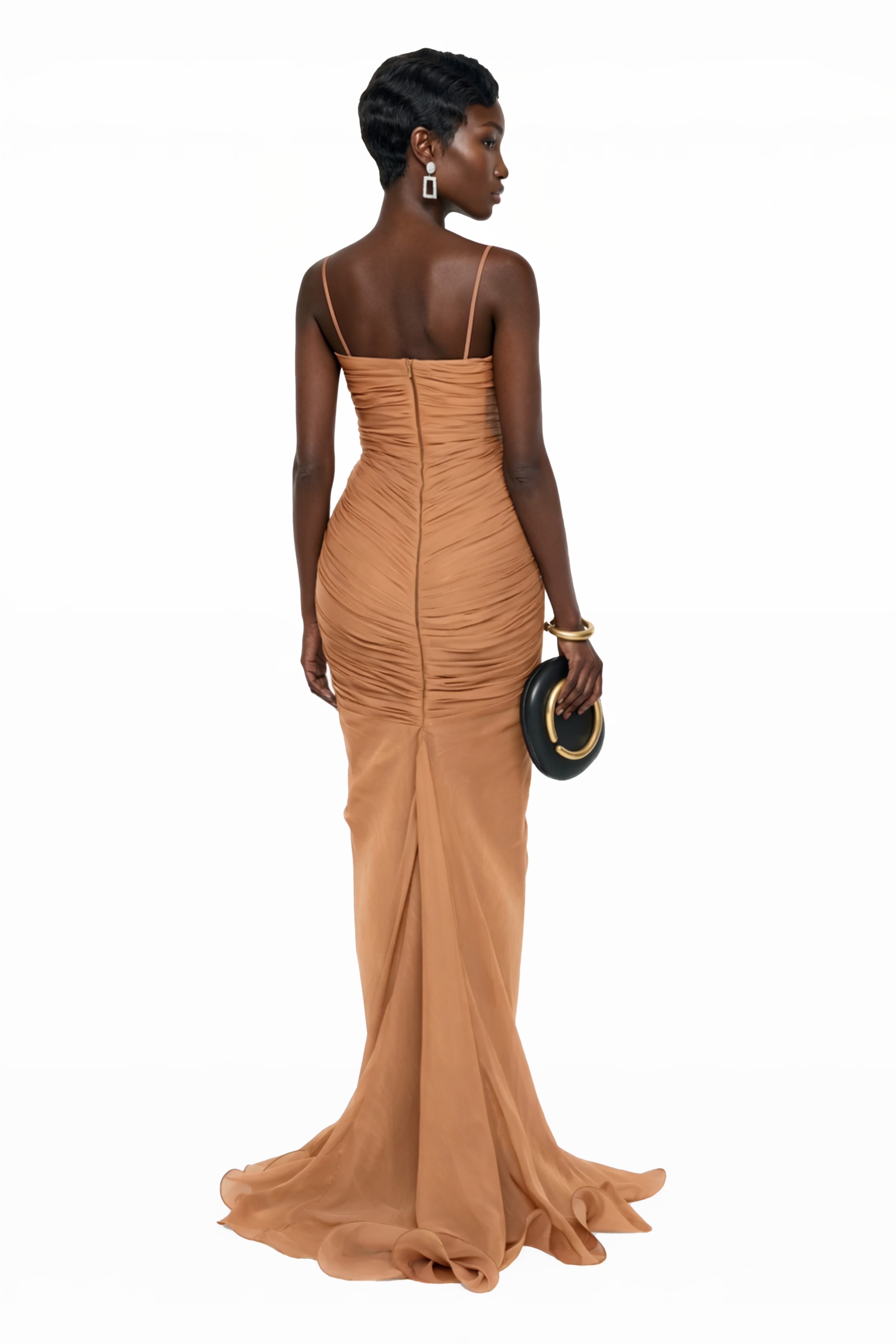 Cíntia Camel Ruched Maxi Dress with 3D Florals