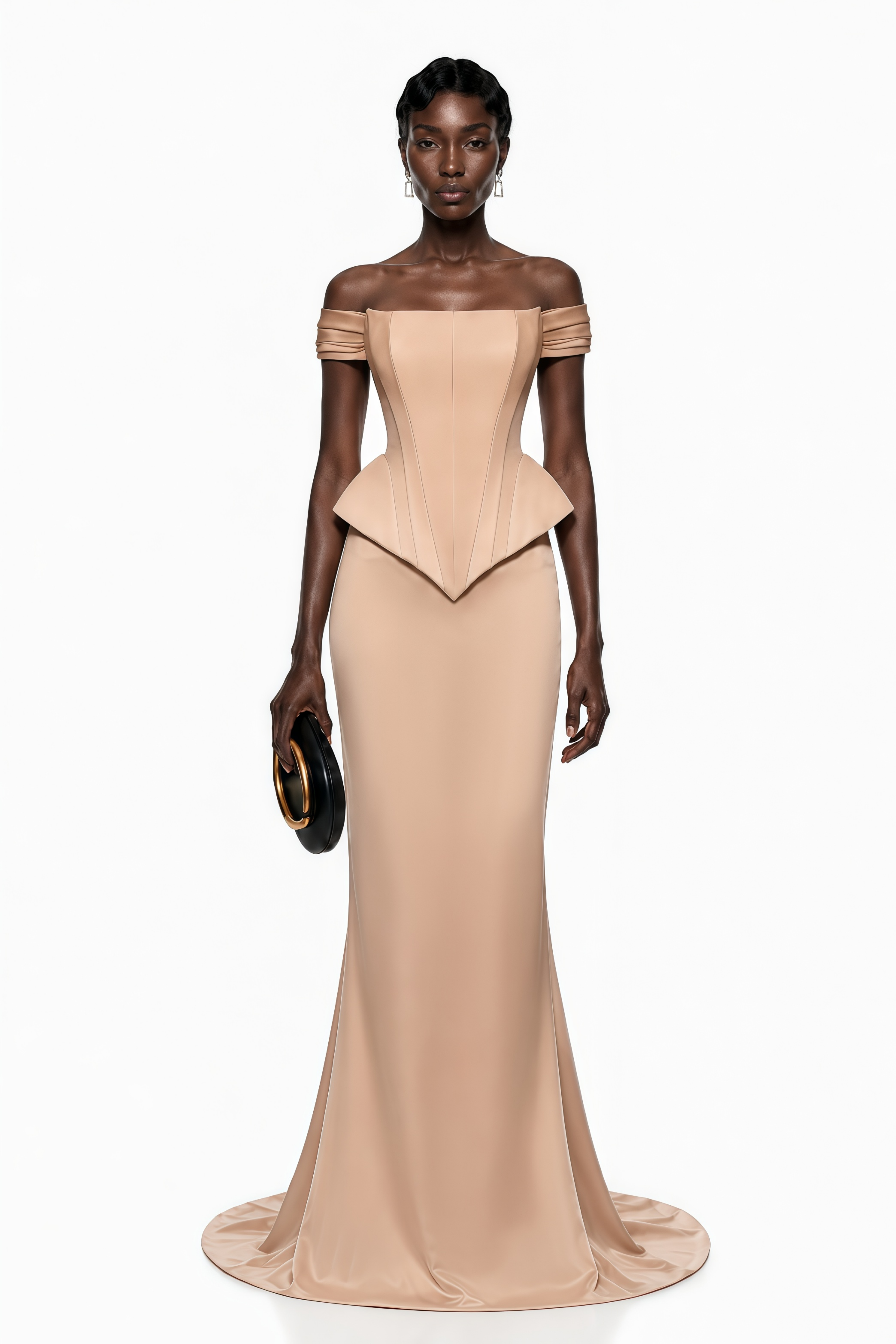 Nude beige satin mermaid gown featuring a structured corset bodice and a matching sculptural caped bolero