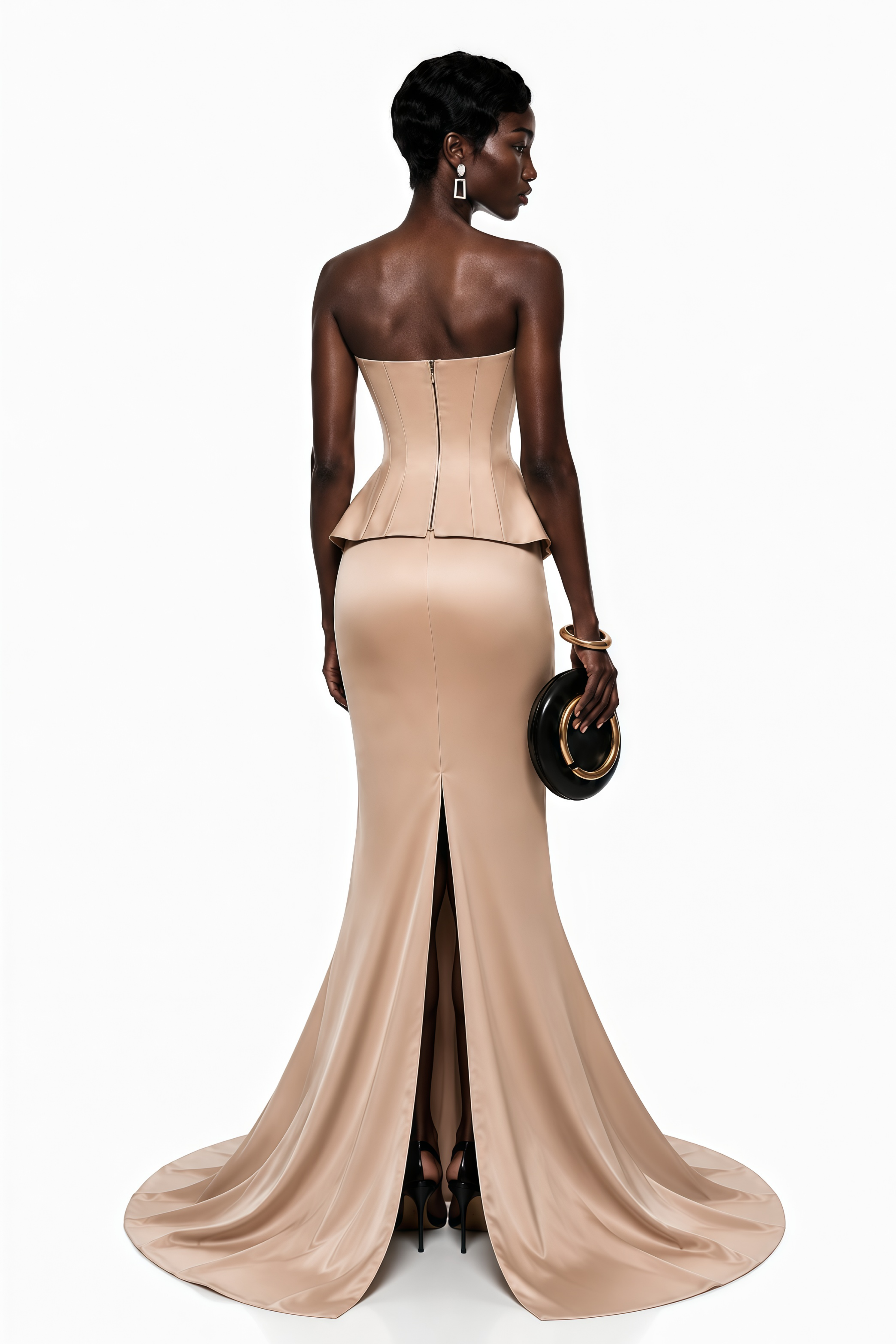 Nude beige satin mermaid gown featuring a structured corset bodice and a matching sculptural caped bolero