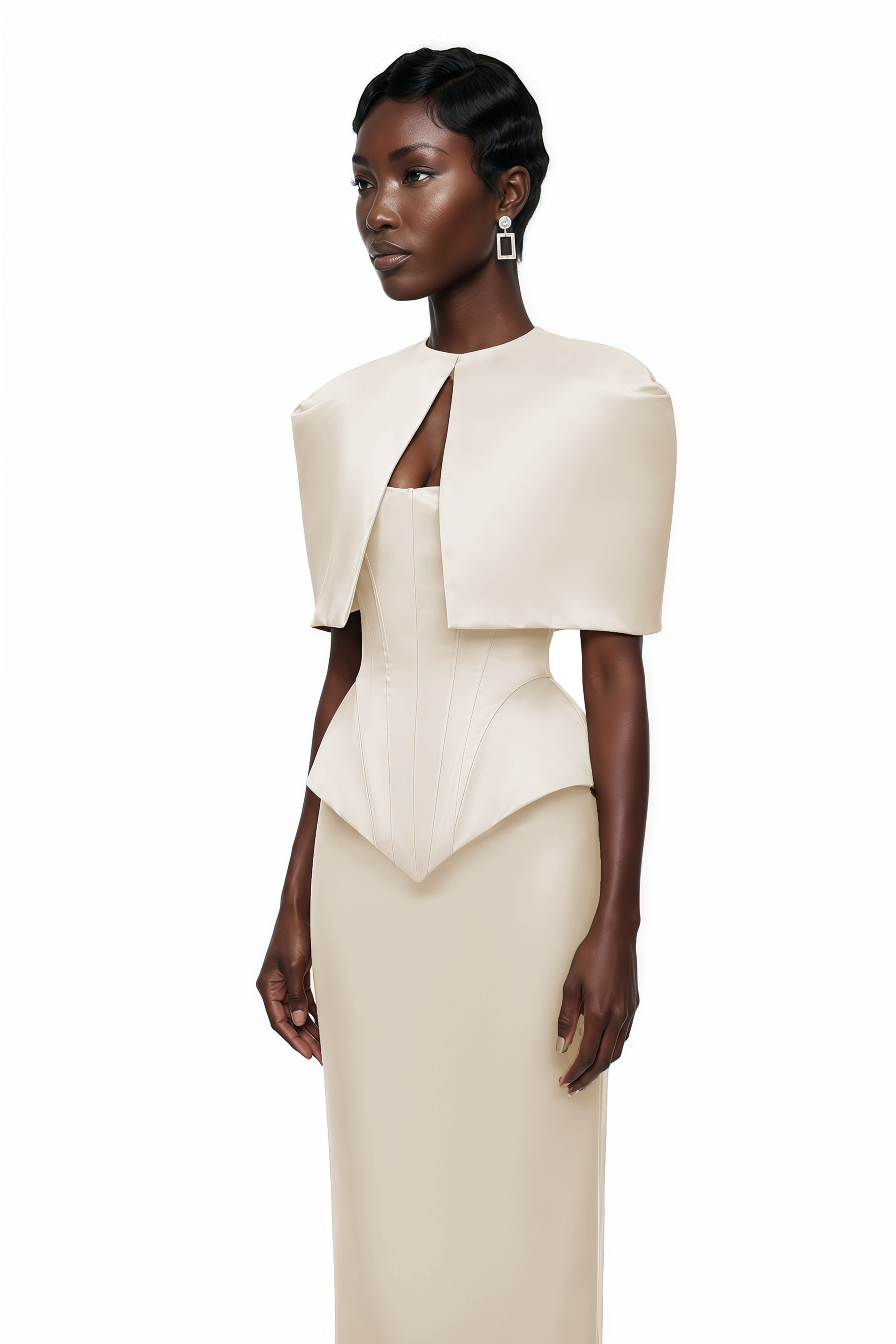 Clara White Corset Top & Skirt Set With Cape