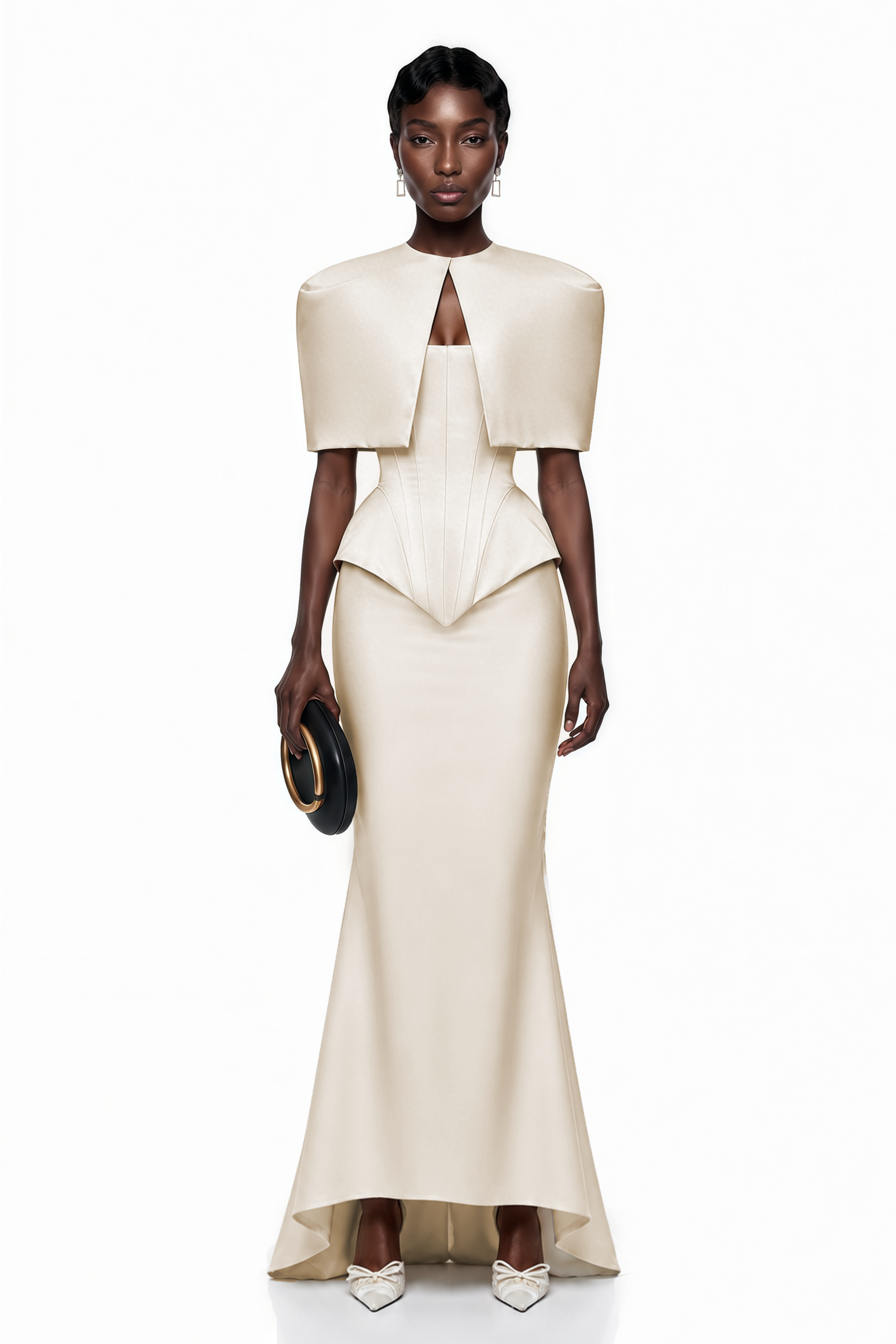 Clara White Corset Top & Skirt Set With Cape