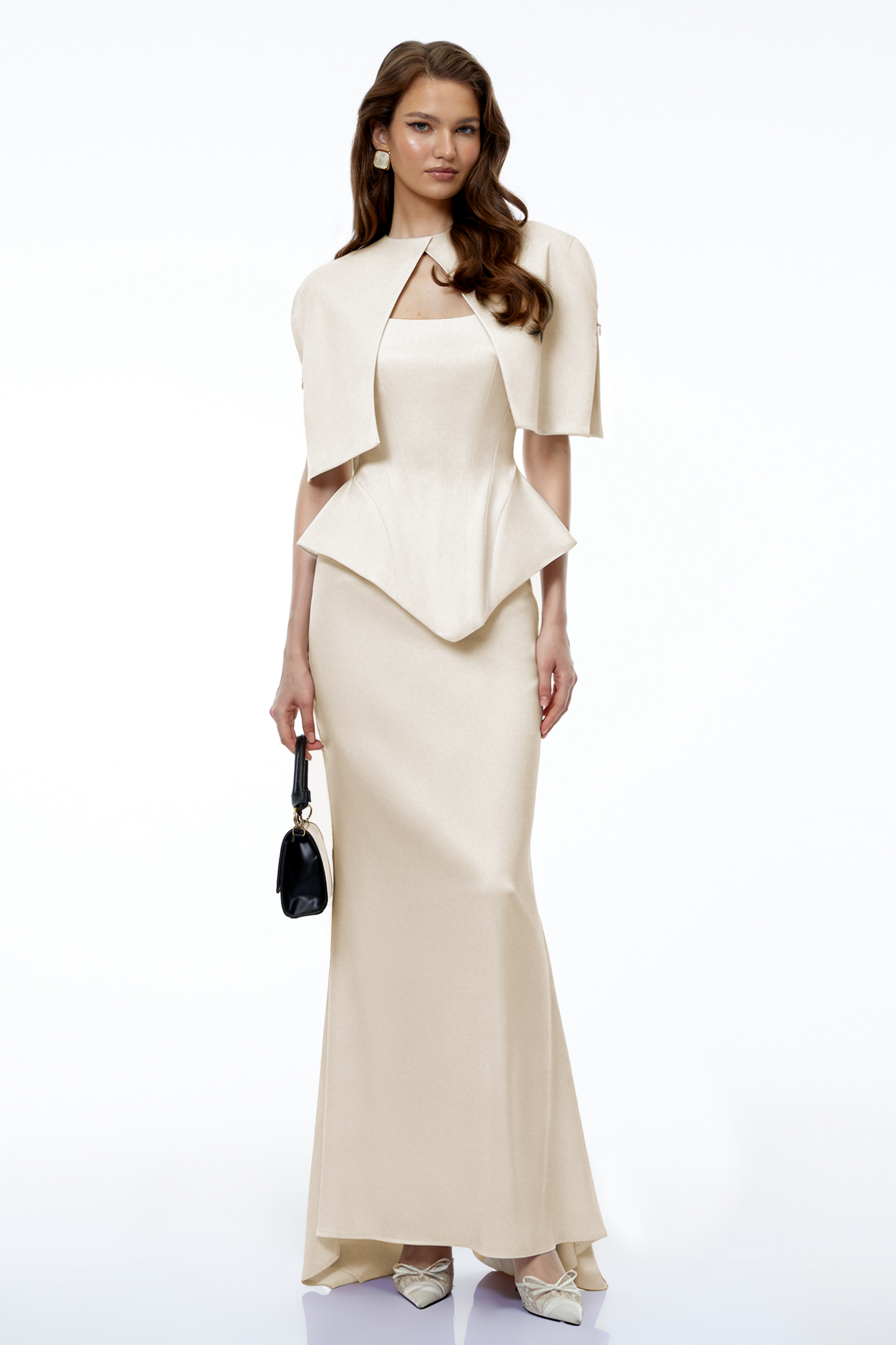 Clara White Corset Top & Skirt Set With Cape