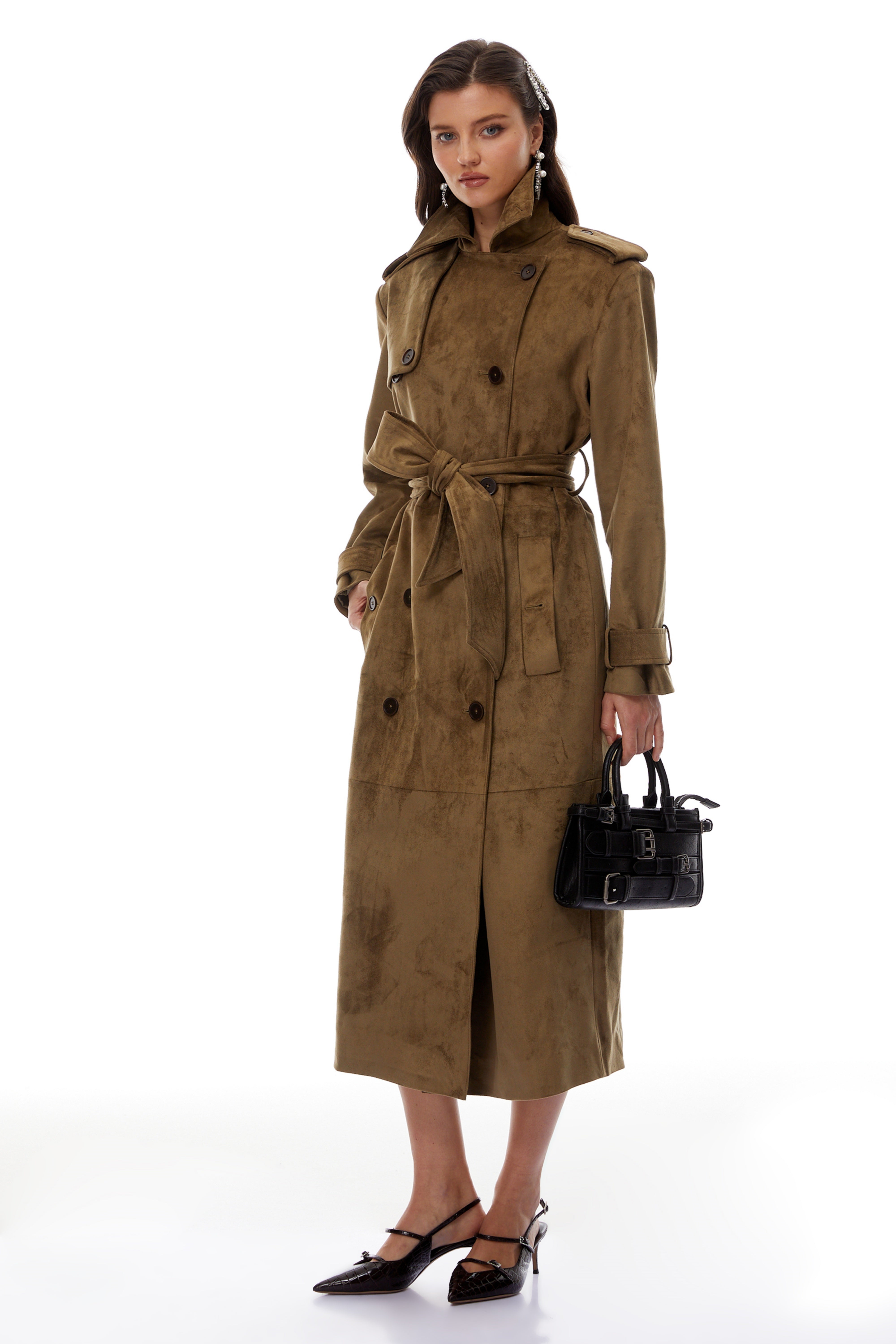 Claudia Brown Suede Long Trench Coat