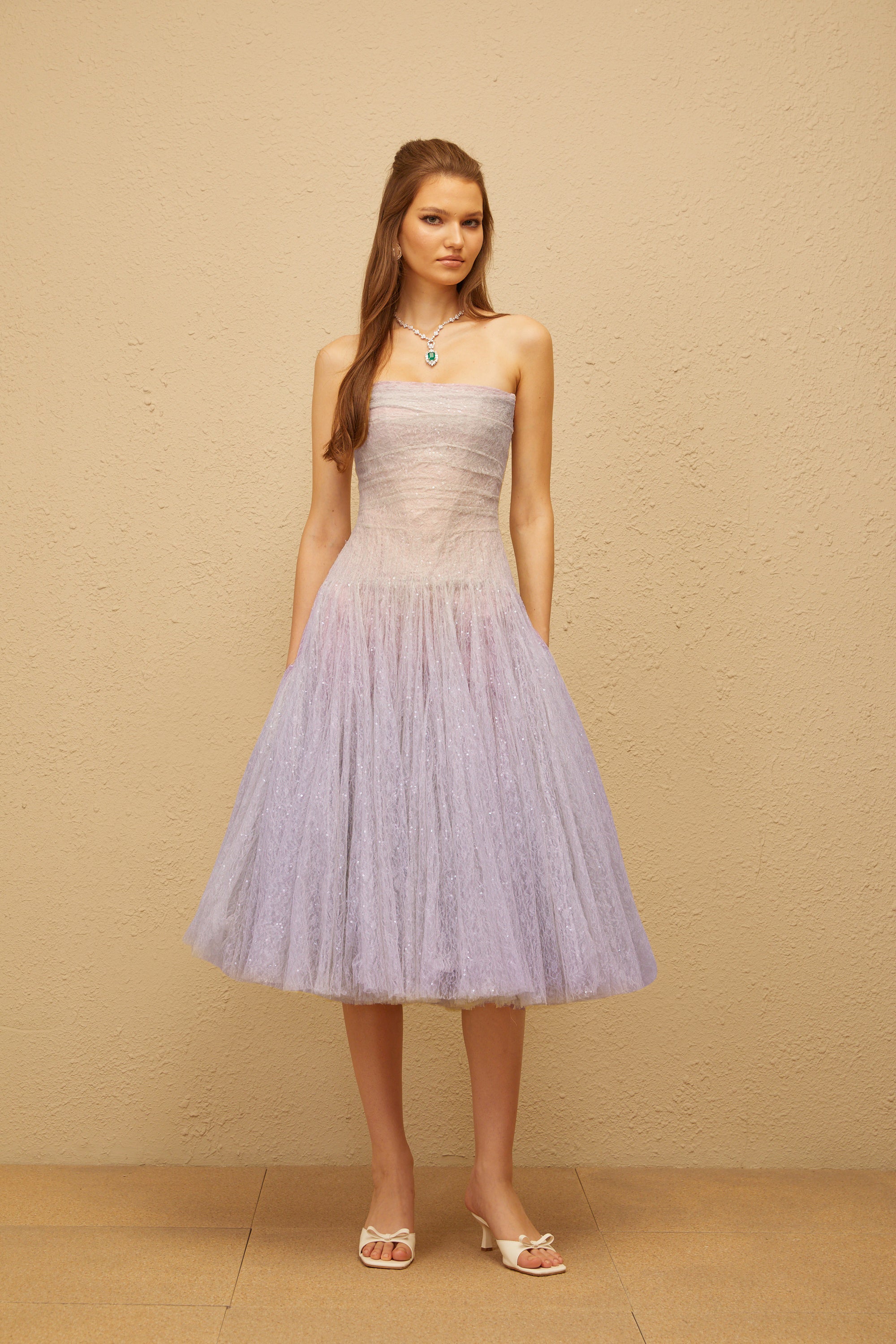 Clémence Purple Sequin Lace Tulle Midi Dress