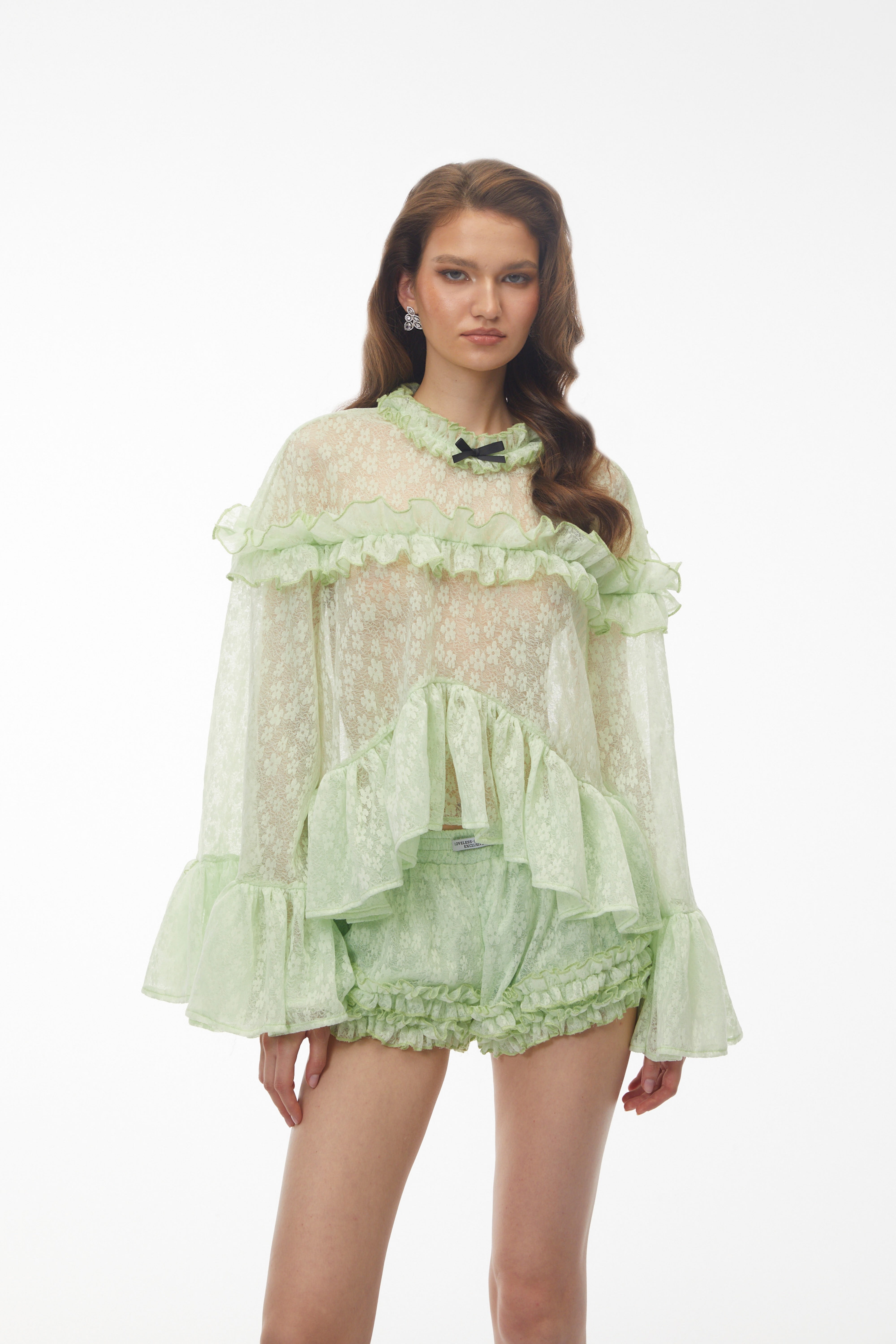 Colette Mint Green Floral Lace Ruffled Top & Shorts Set