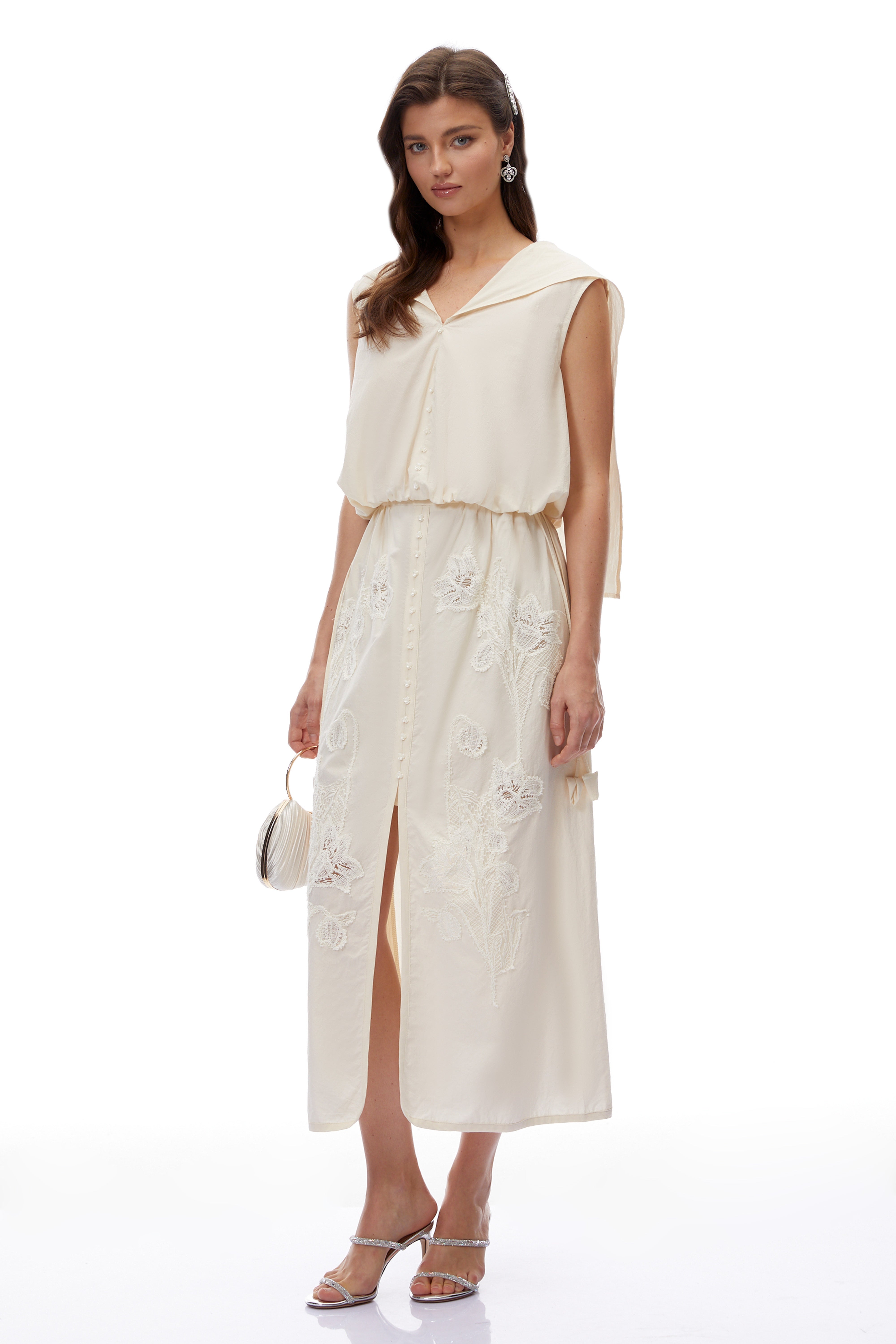 Coline Beige Floral Embroidered Top & Skirt Set