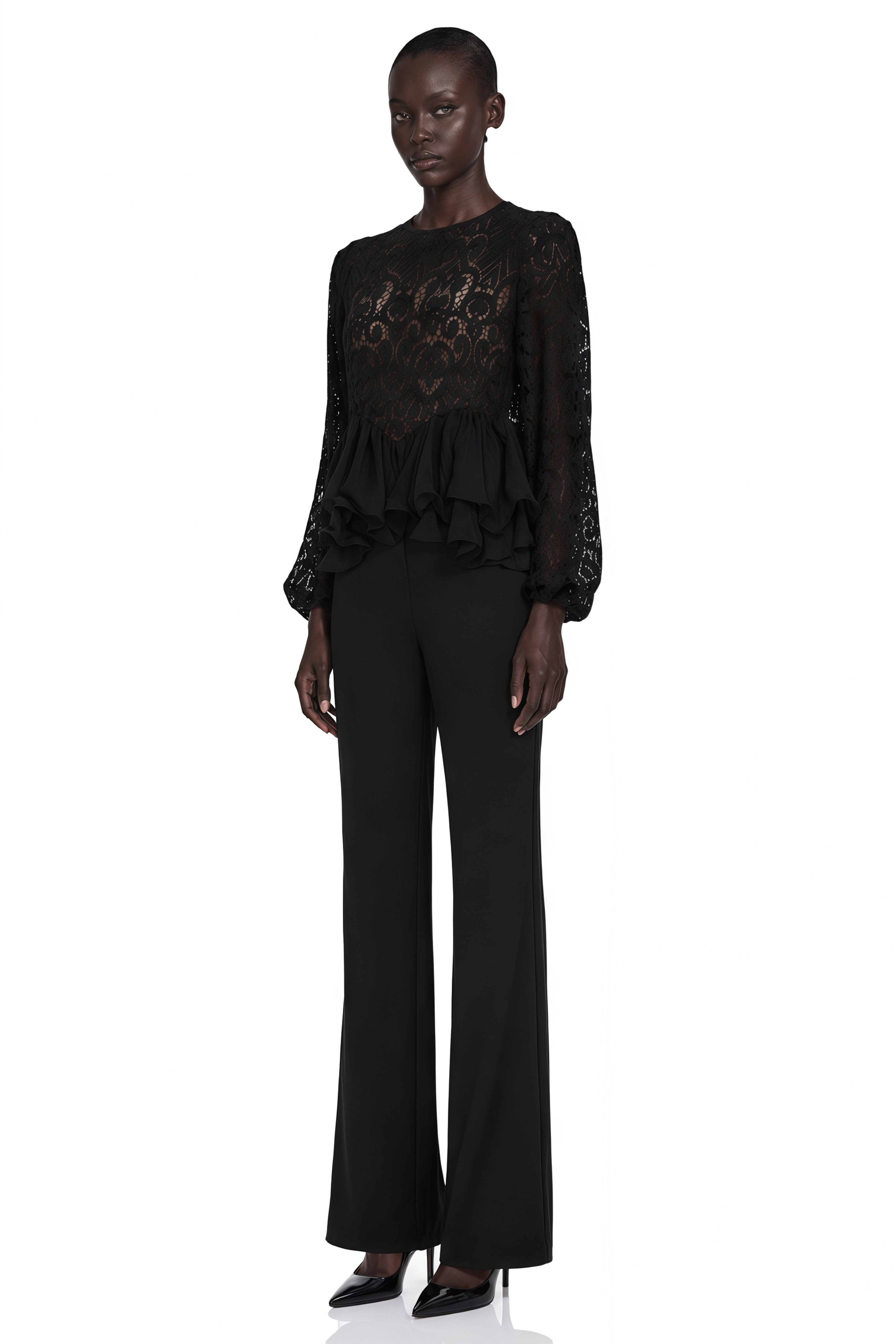 Cora Black Lace Ruffled Blouse