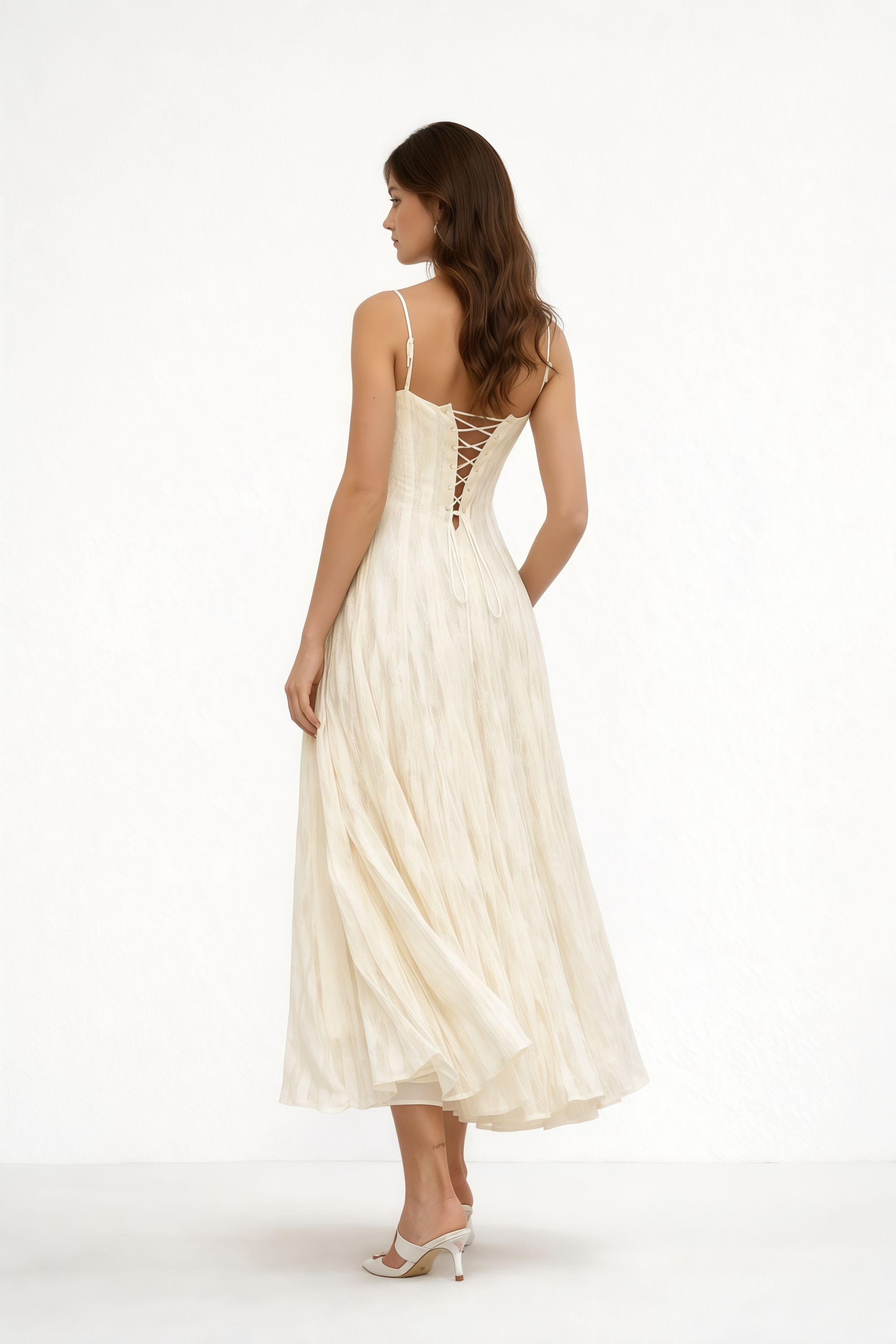 Coralie White Pleated Lace Midi Dress