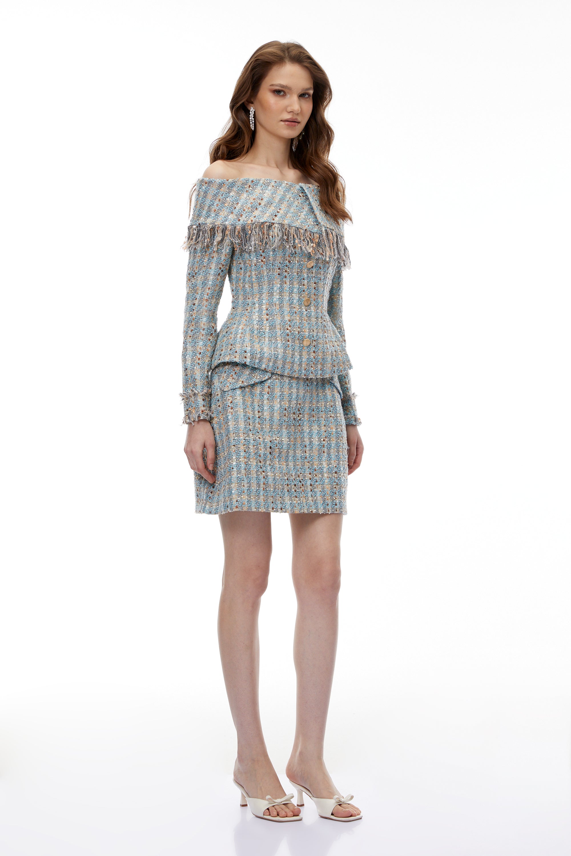 Set aus schulterfreiem Tweed-Oberteil und Rock in Korallenblau