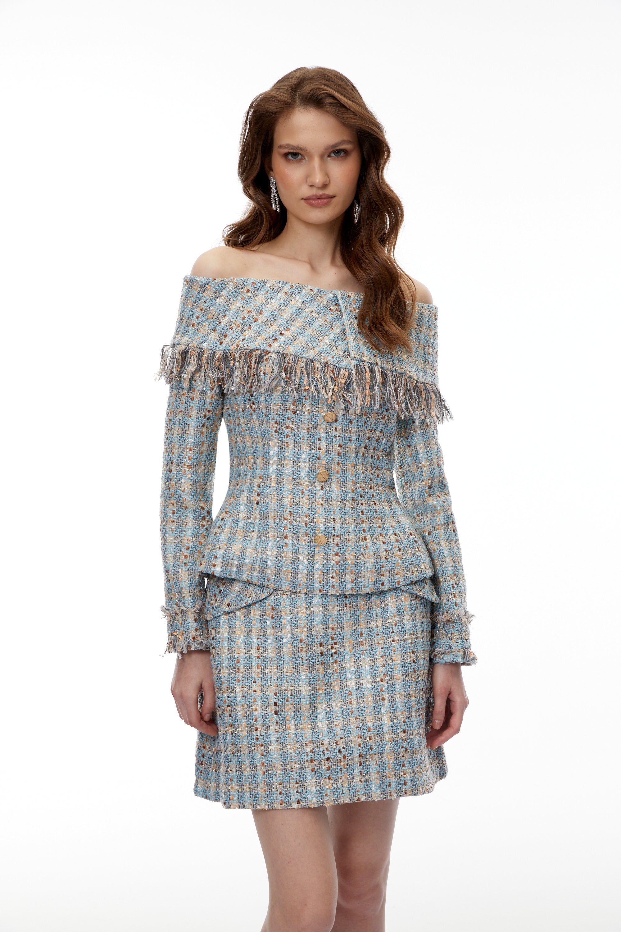 Coraline Blue Off Shoulder Tweed Top & Skirt Set