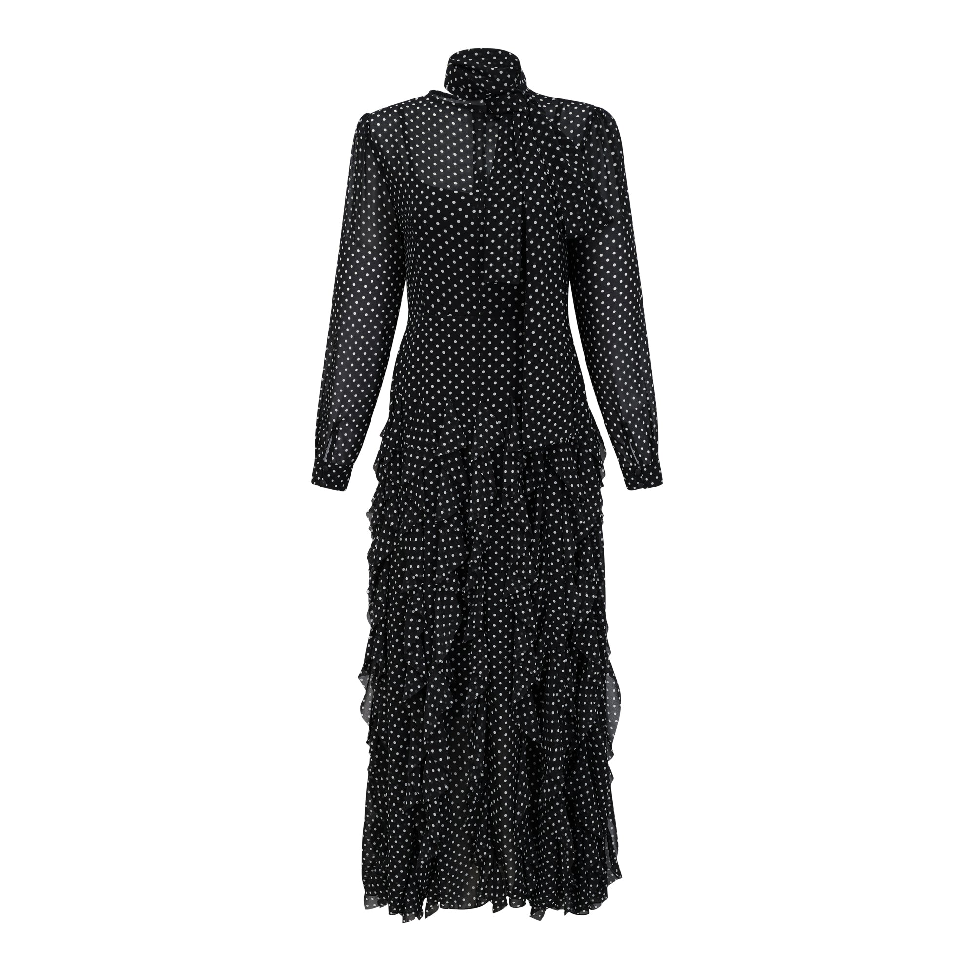 Coraline black polka-dot ruffled midi dress