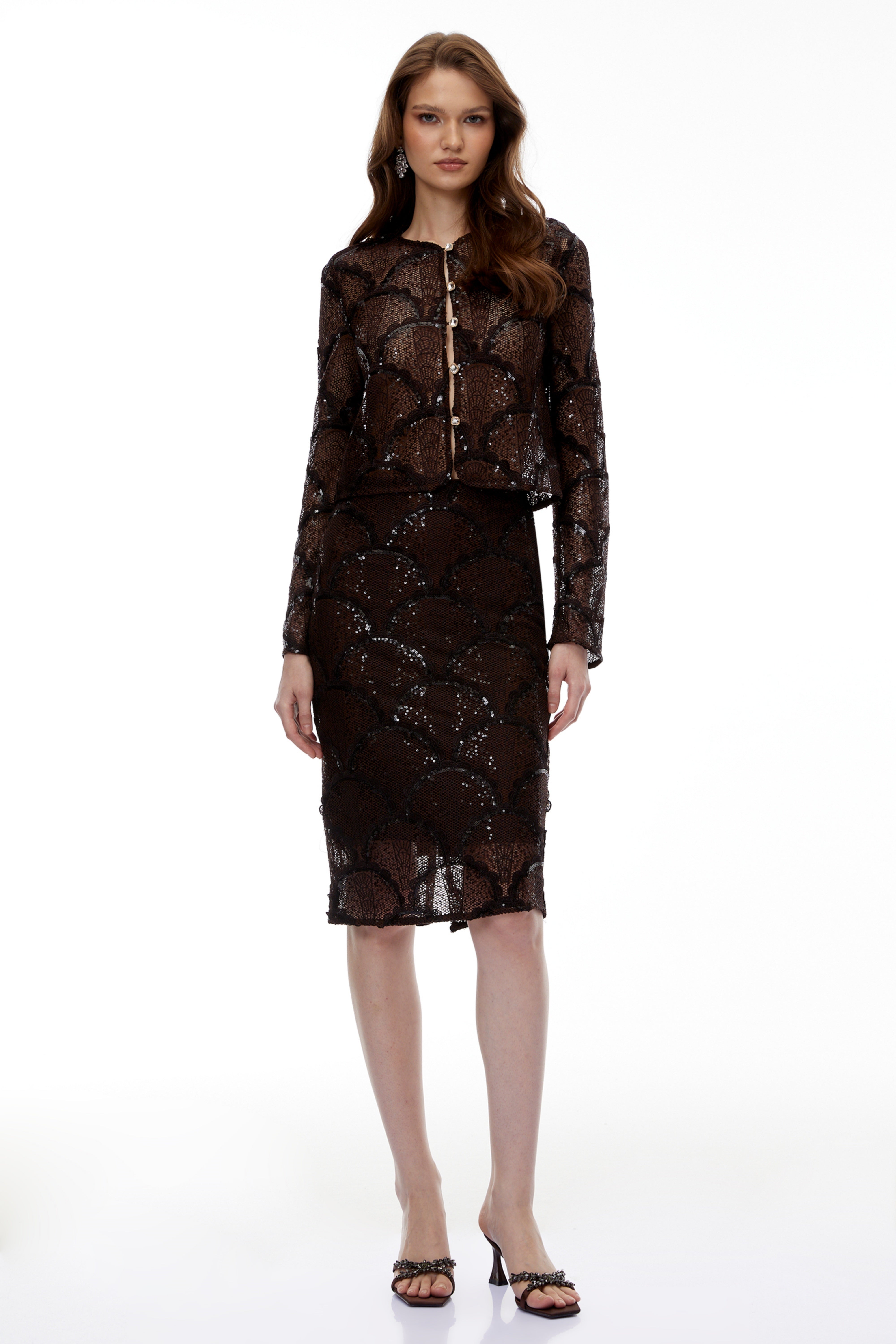 Cordelia – Set aus schokoladenbraunem Spitzenoberteil und Rock