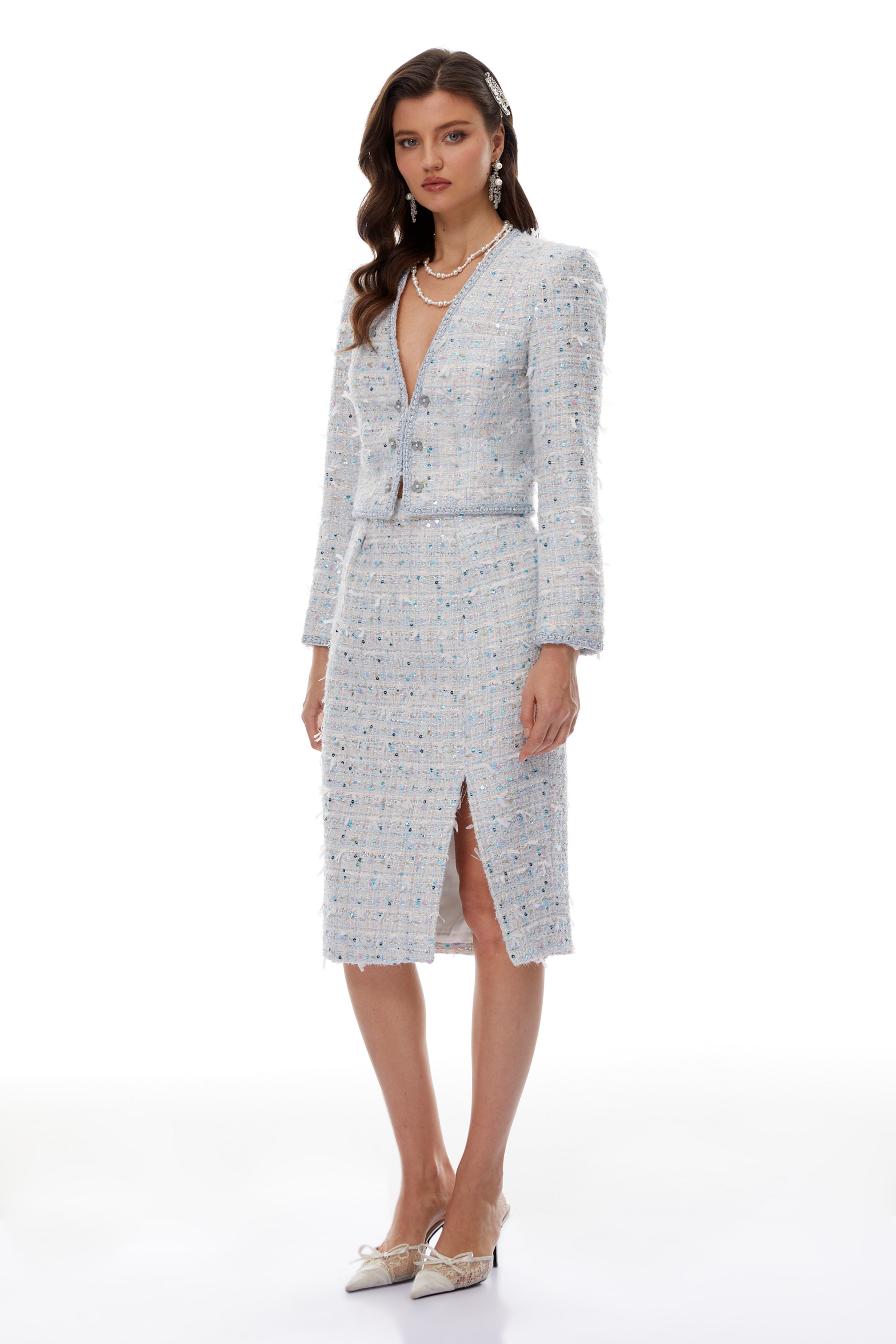 Cornelia Blue Sequin Tweed Jacket & Slit Skirt Set