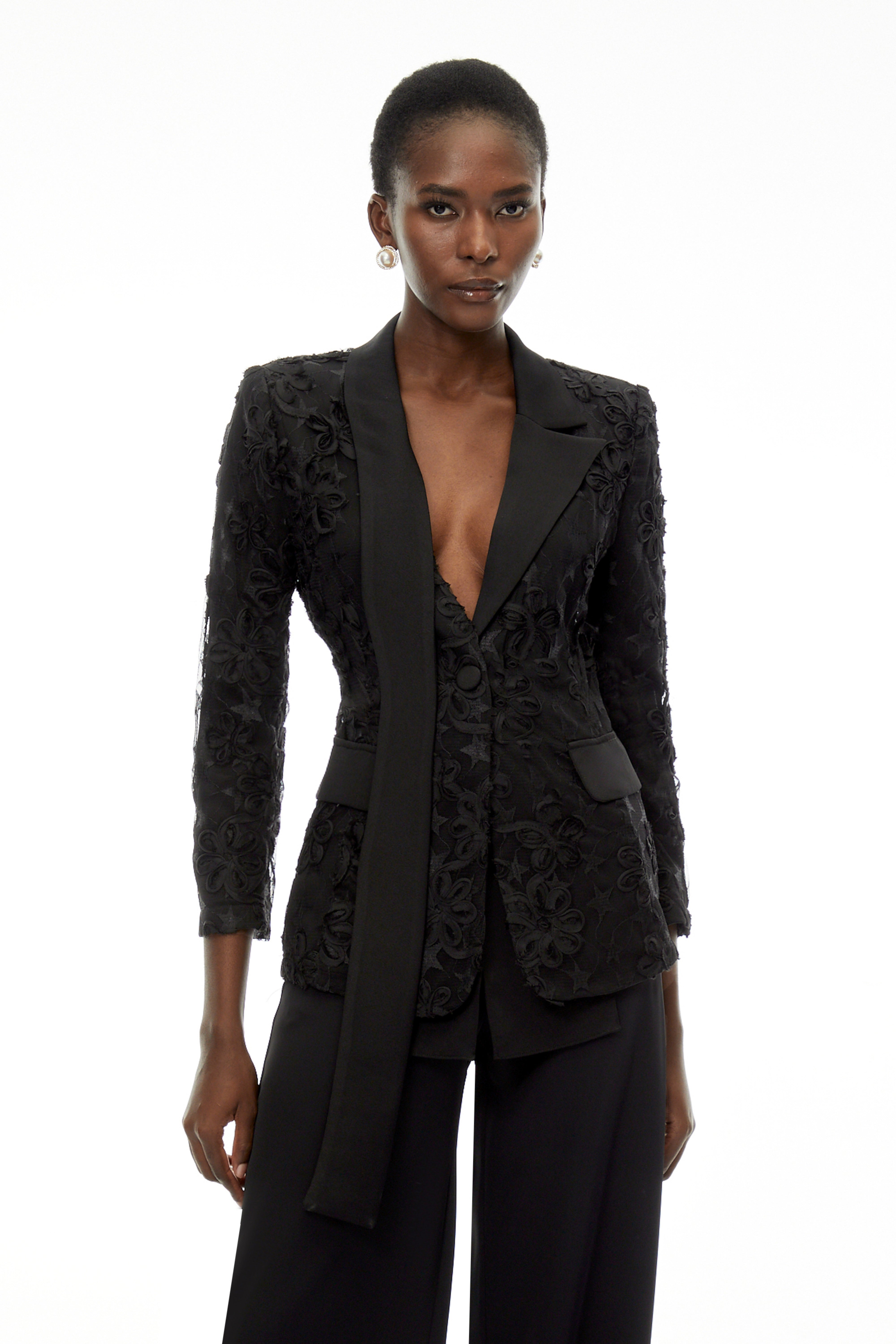 Cosima Black Floral Blazer with Lapel Collar (Final Sale)
