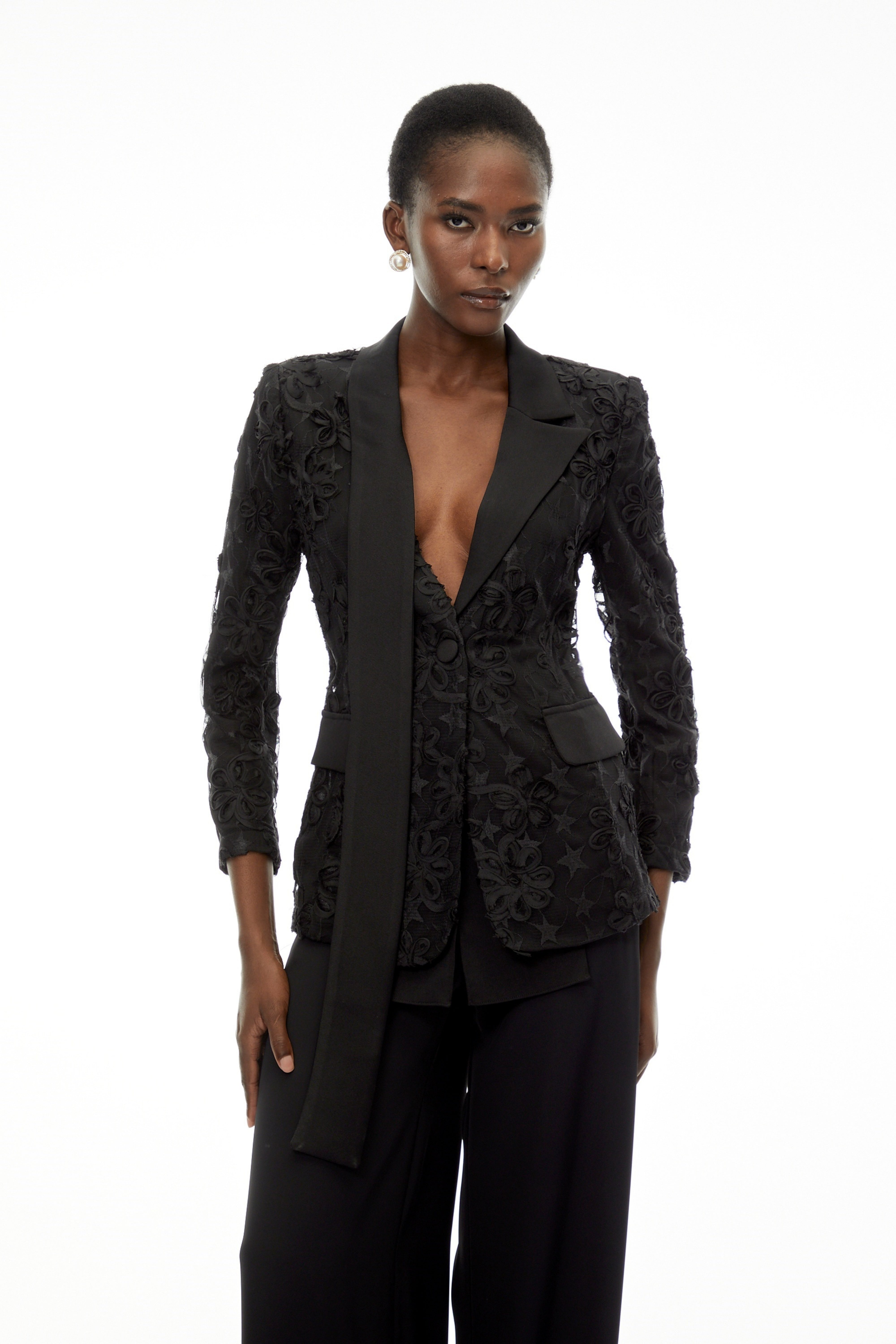 Cosima Black Floral Blazer with Lapel Collar (Final Sale)