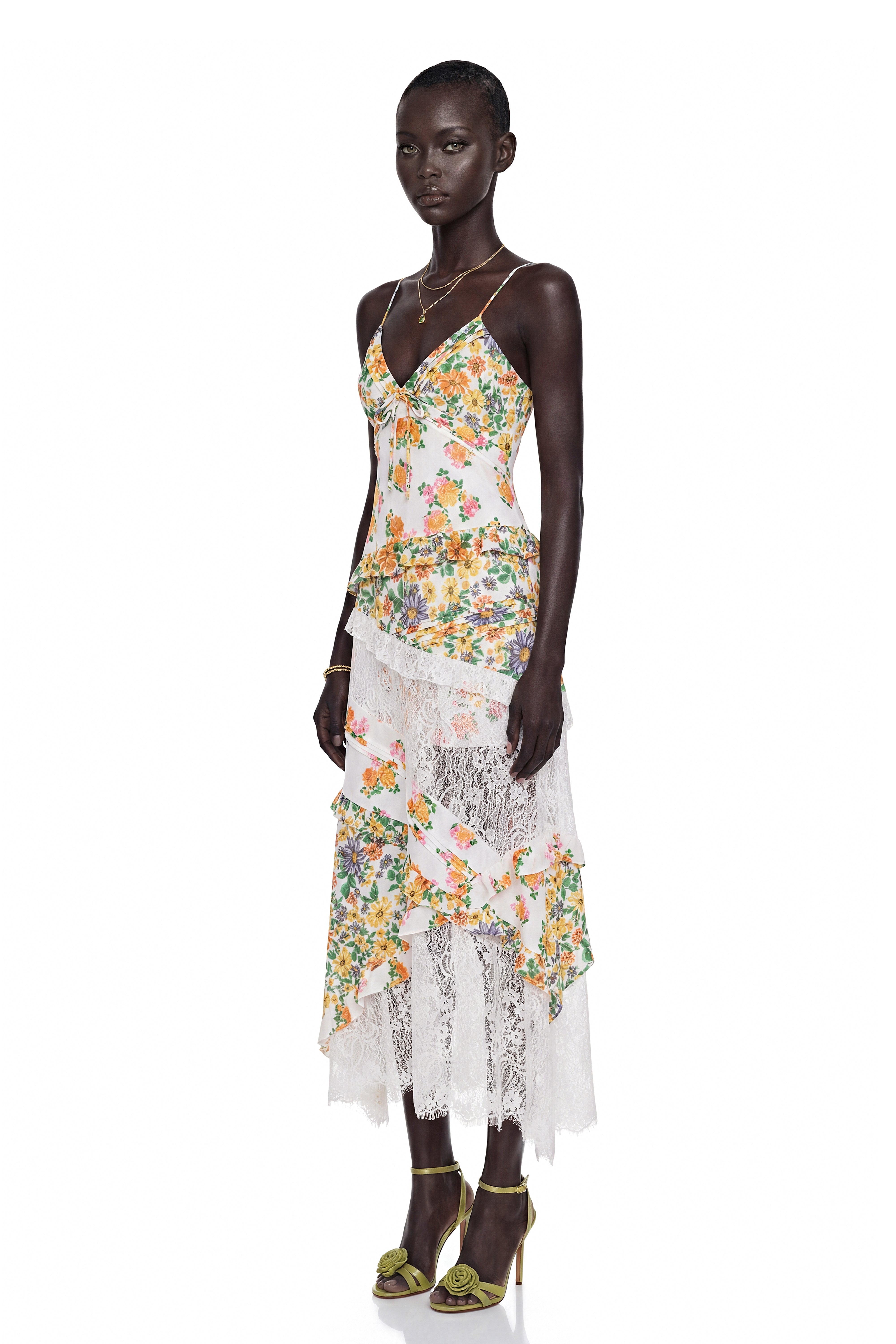 Cassandra Green Floral Print Maxi Dress with Lace Panels