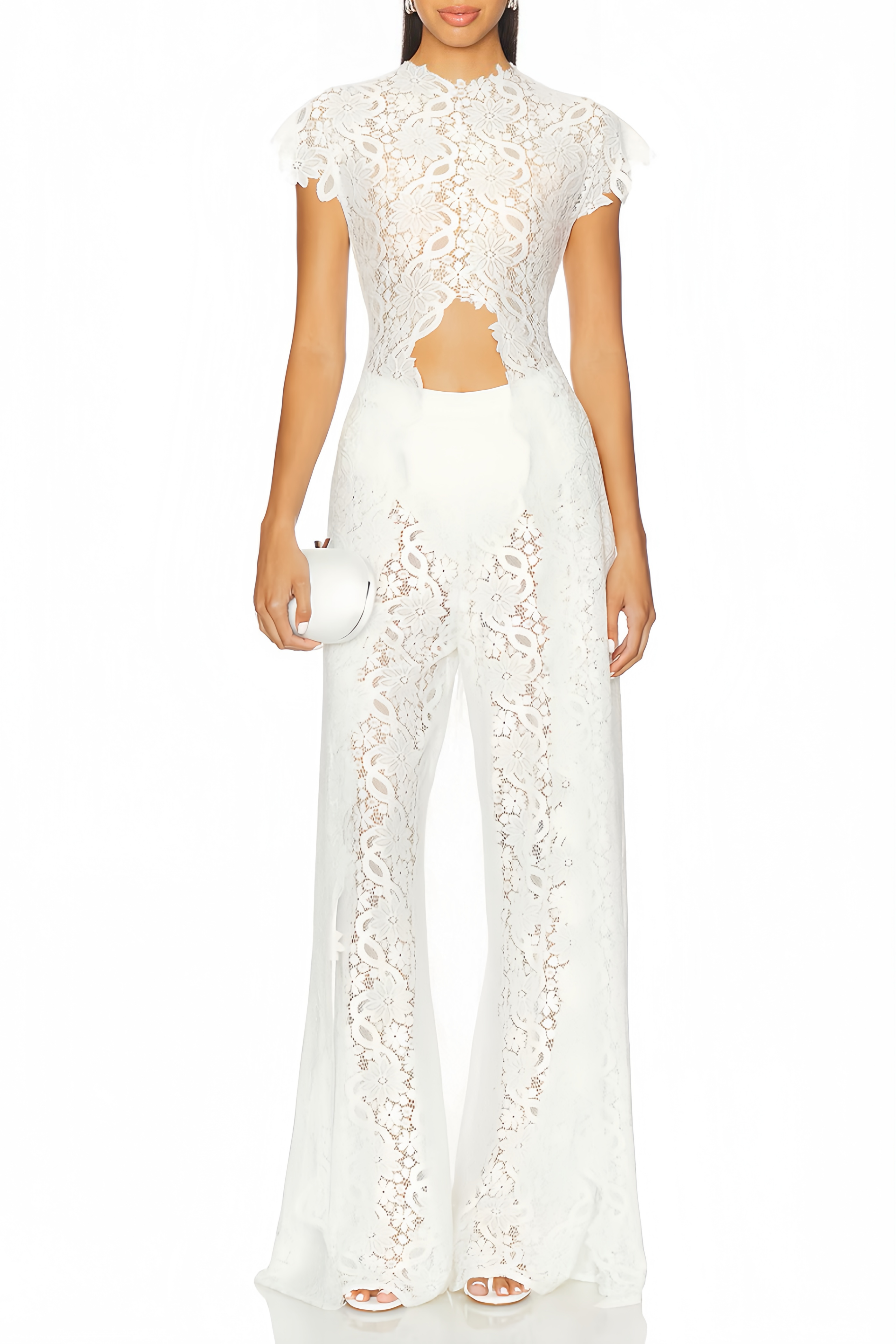 Loana White Floral Lace Top & Trousers Set   