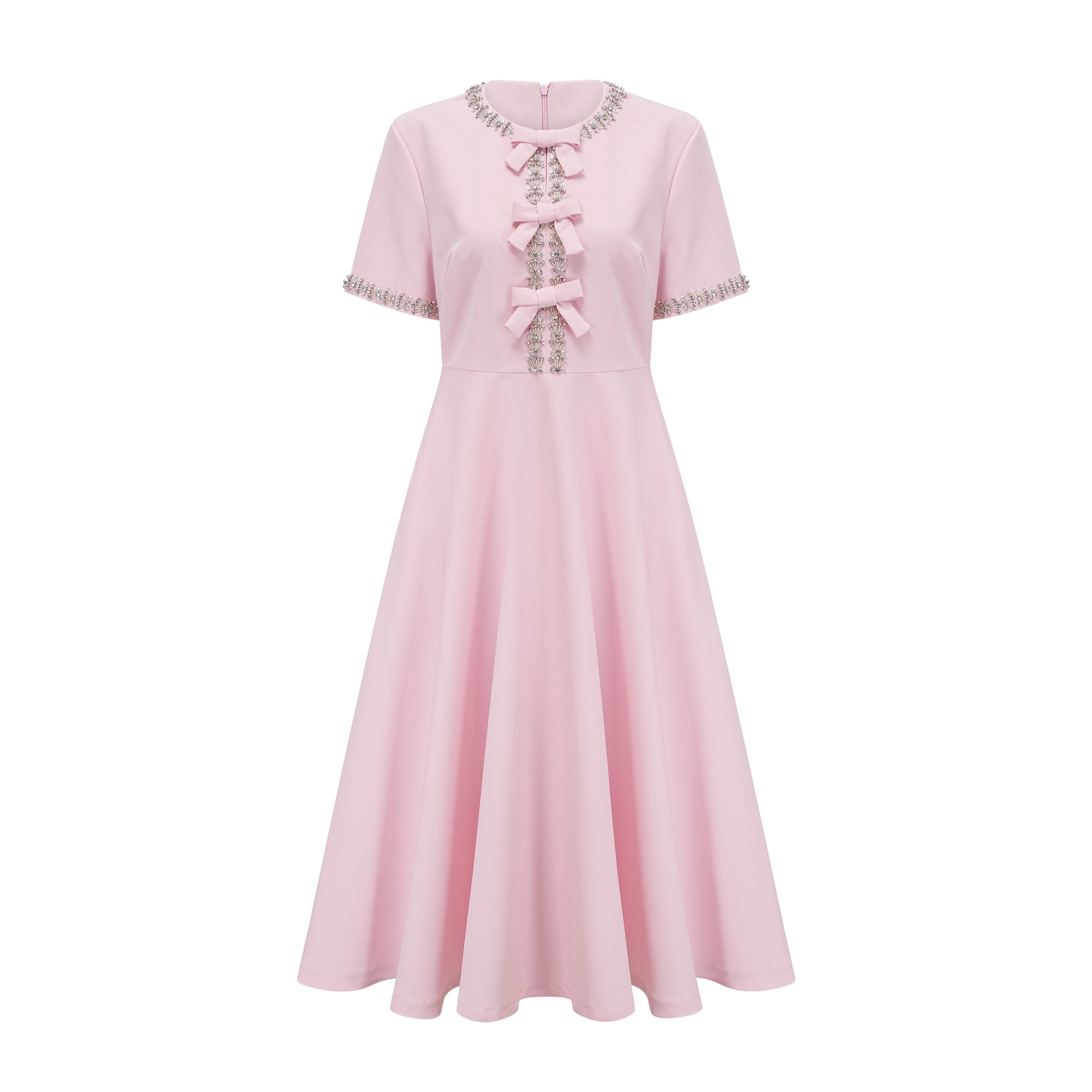 Esther pink bow-detail short-sleeve crystal midi dress