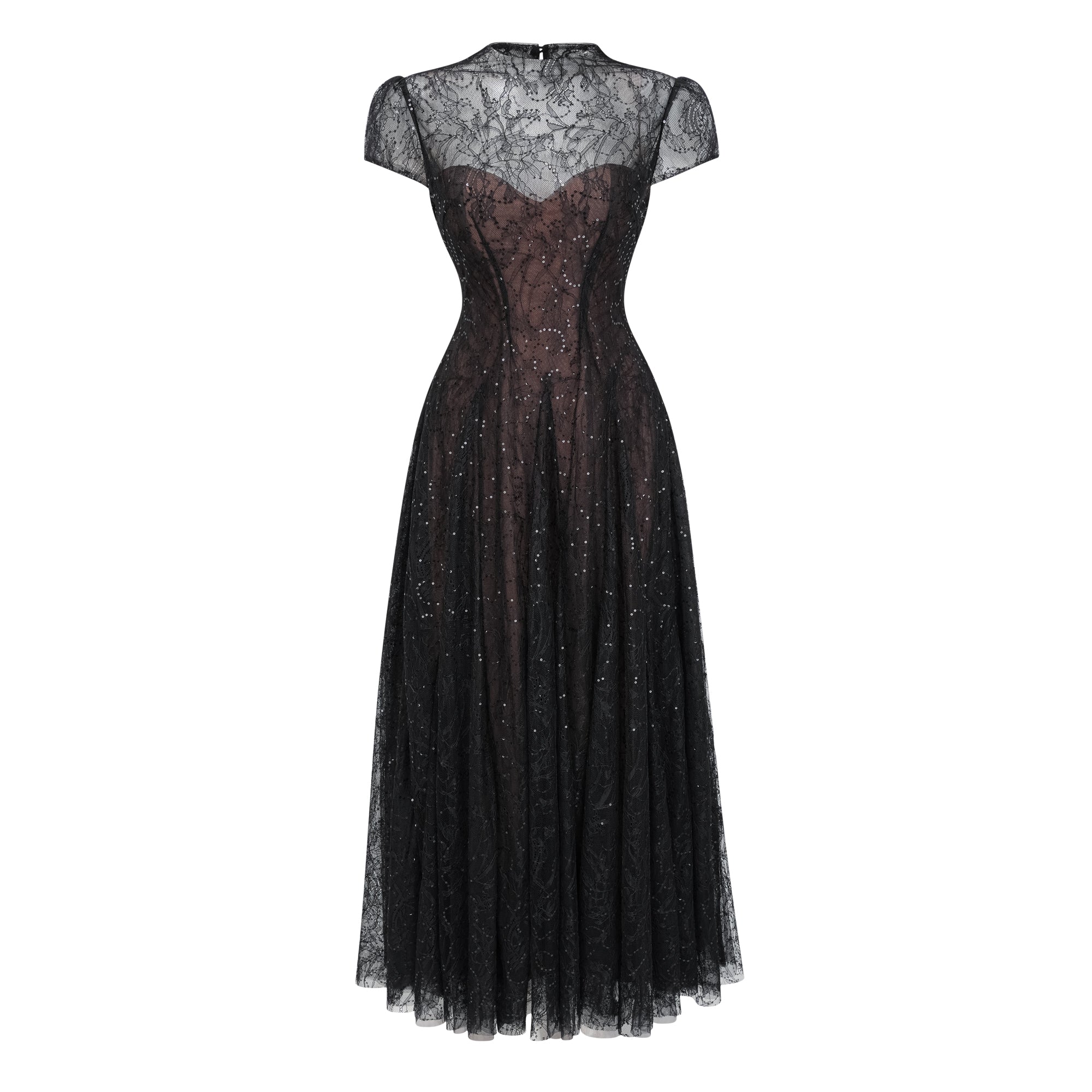 فستان طويل من التول الأسود المزين بالدانتيل واللمعان من Velia