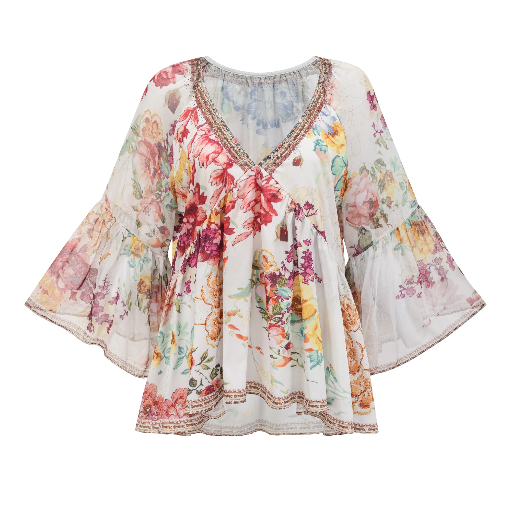 Blusa Yvonne con scollo a V in tulle con stampa floreale 