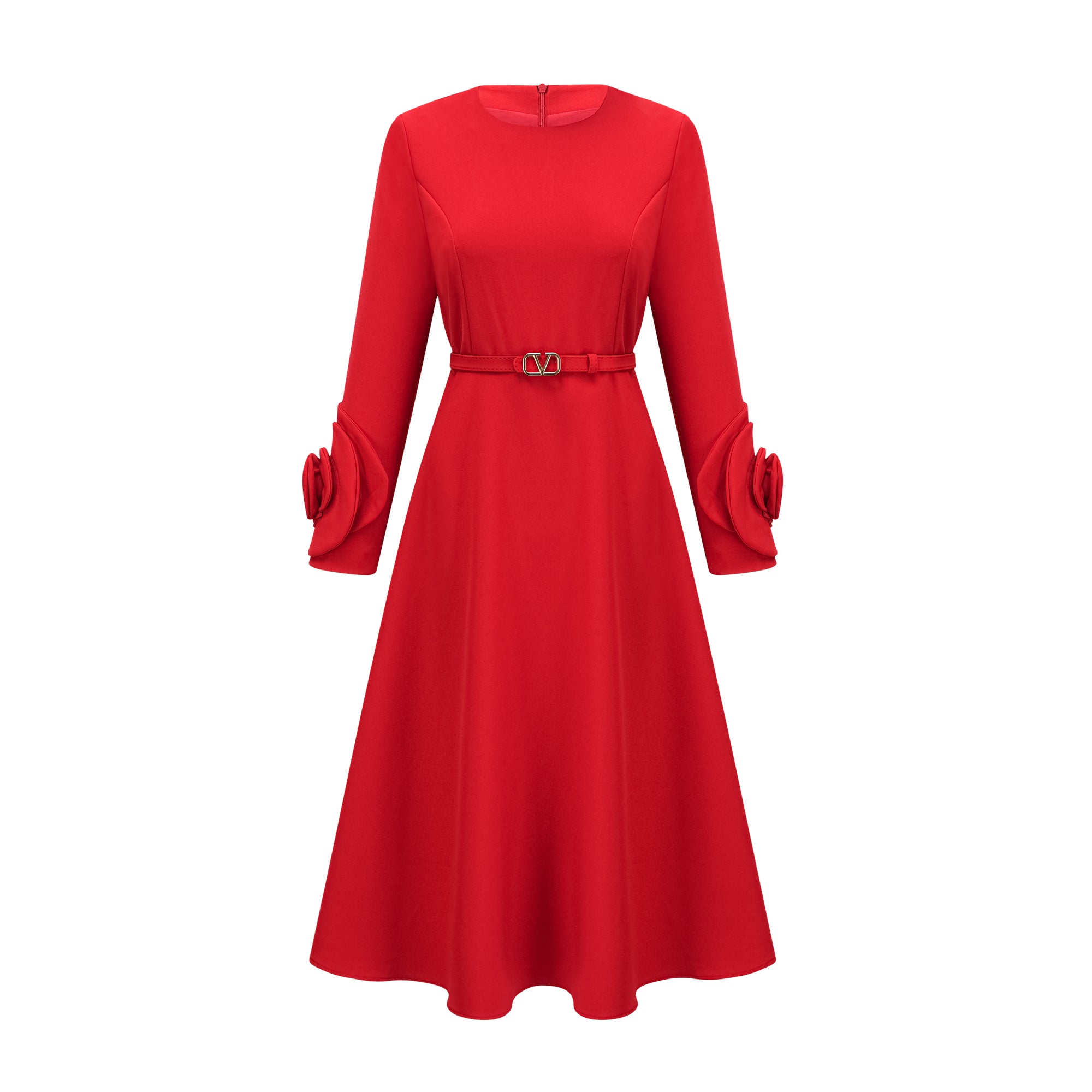 Coralie red long-sleeve floral-appliqué midi dress