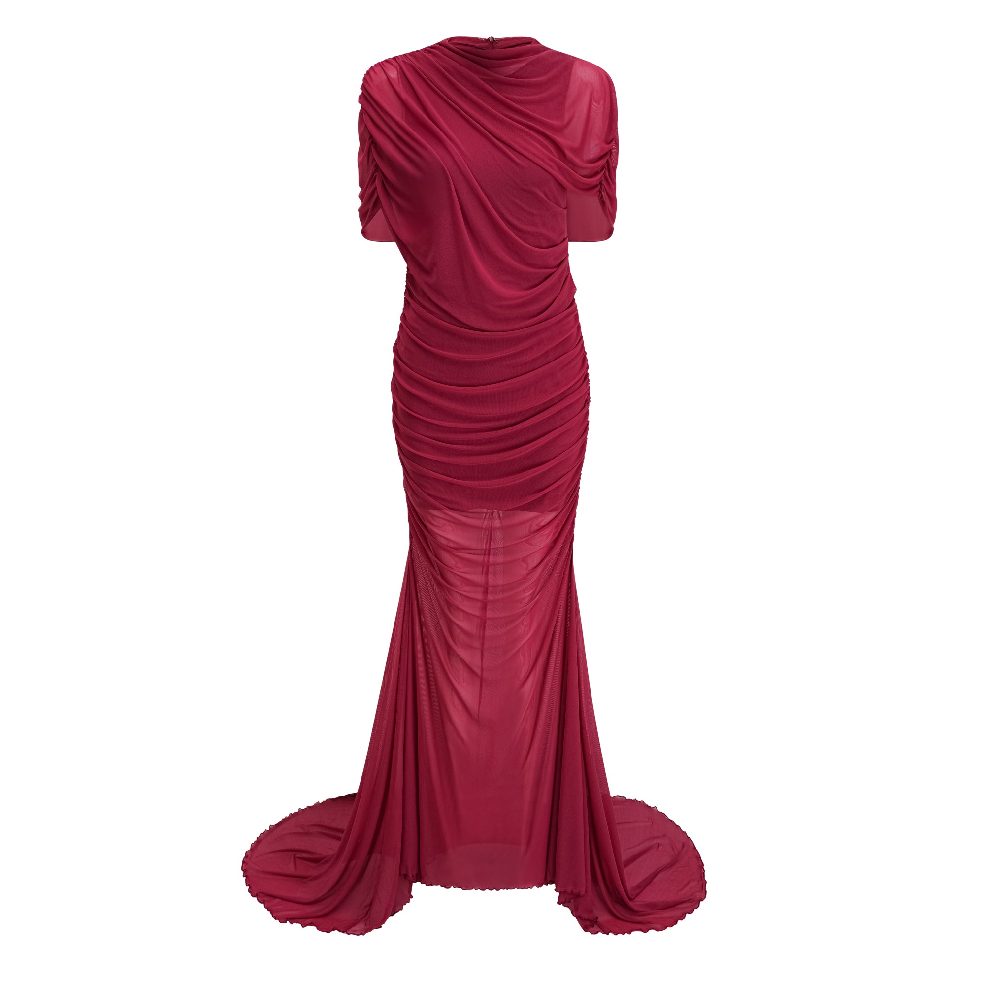 Sylphe Red Asymmetrical Ruched Mesh Maxi Dress