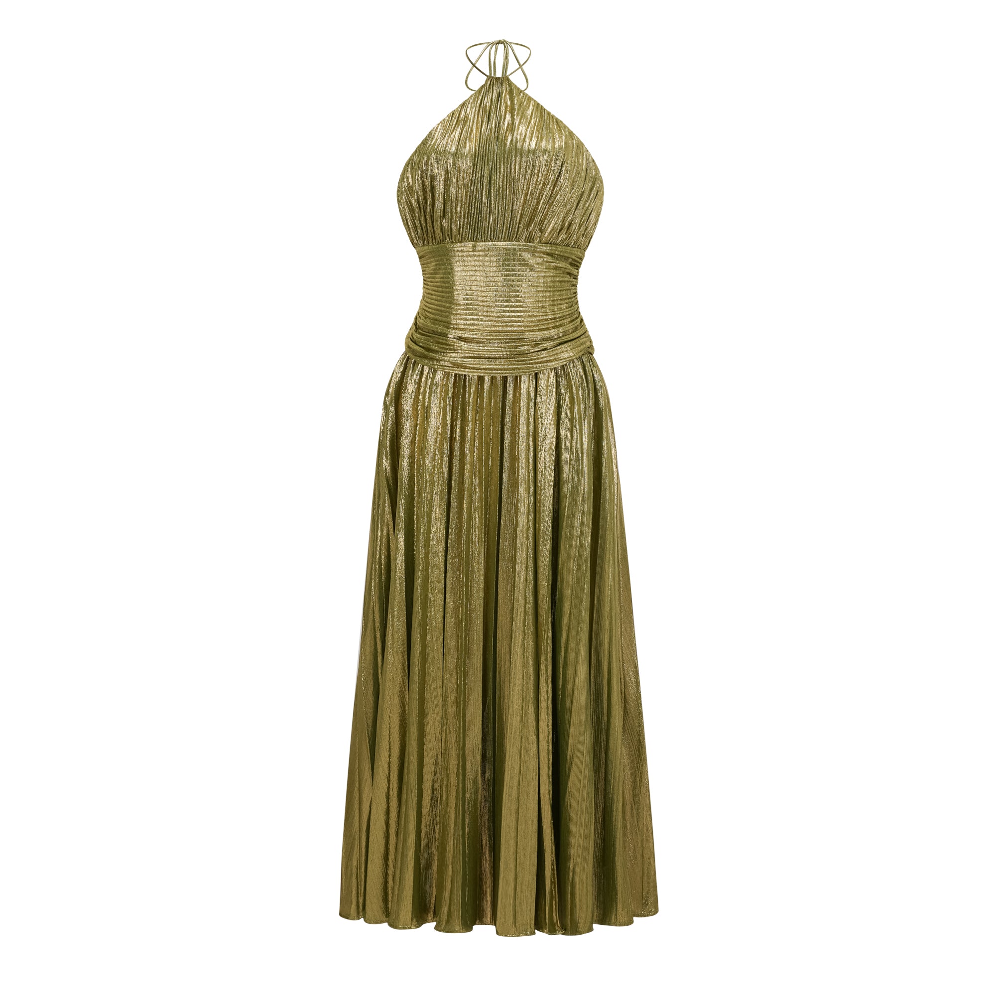 فستان ماكسي مطوية باللون الأخضر اللامع من ألكيمي