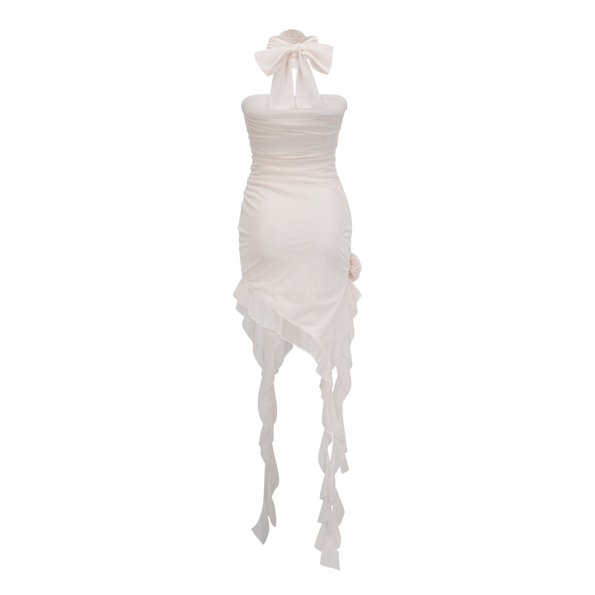 Apolline white faux-flower asymmetric mini dress