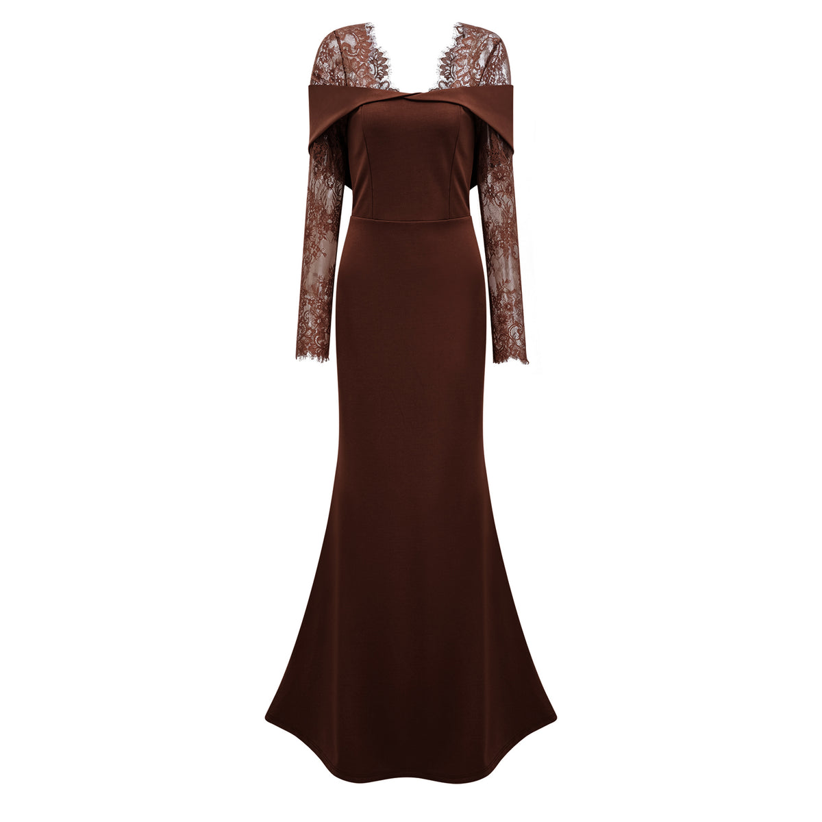 Georgiana Brown Lace Panel Flared Maxi Gown