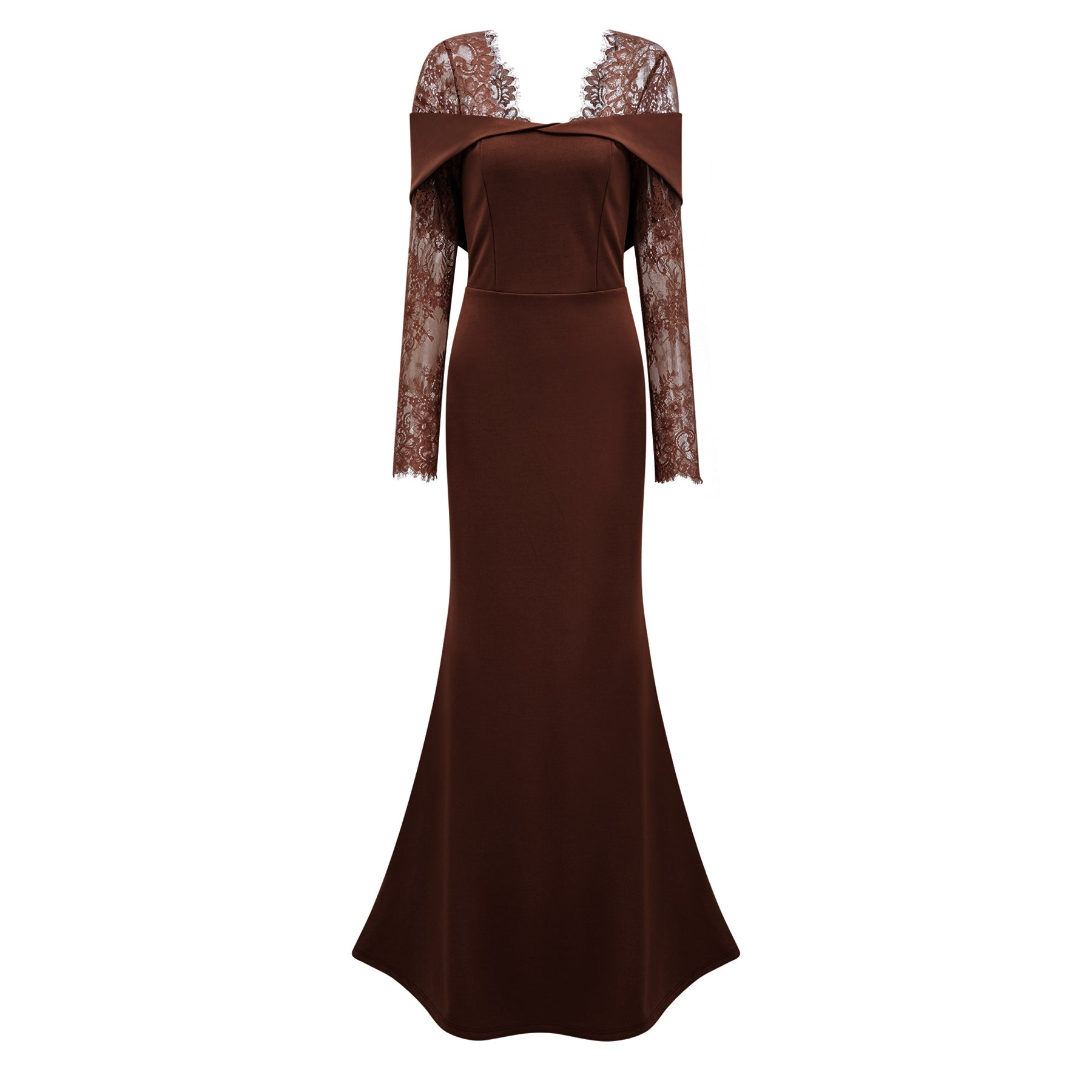 Georgiana Brown Lace Panel Flared Maxi Gown