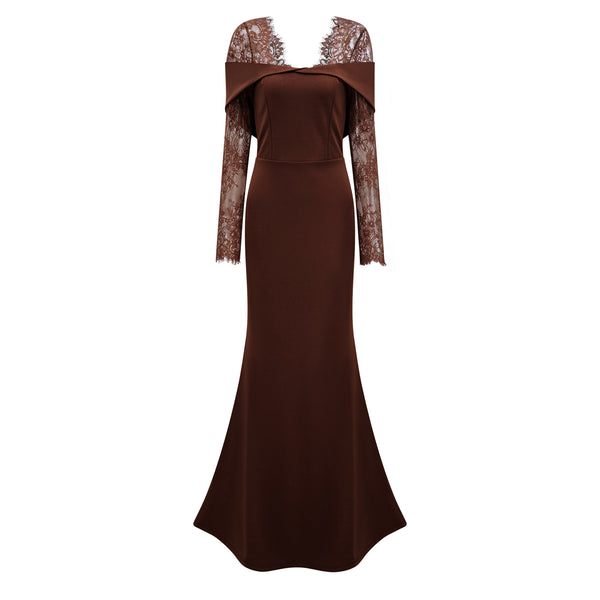Georgiana Brown Lace Panel Flared Maxi Gown