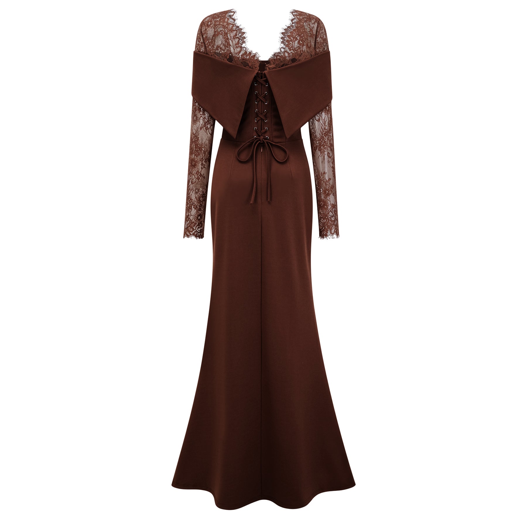 Georgiana Brown Lace Panel Flared Maxi Gown