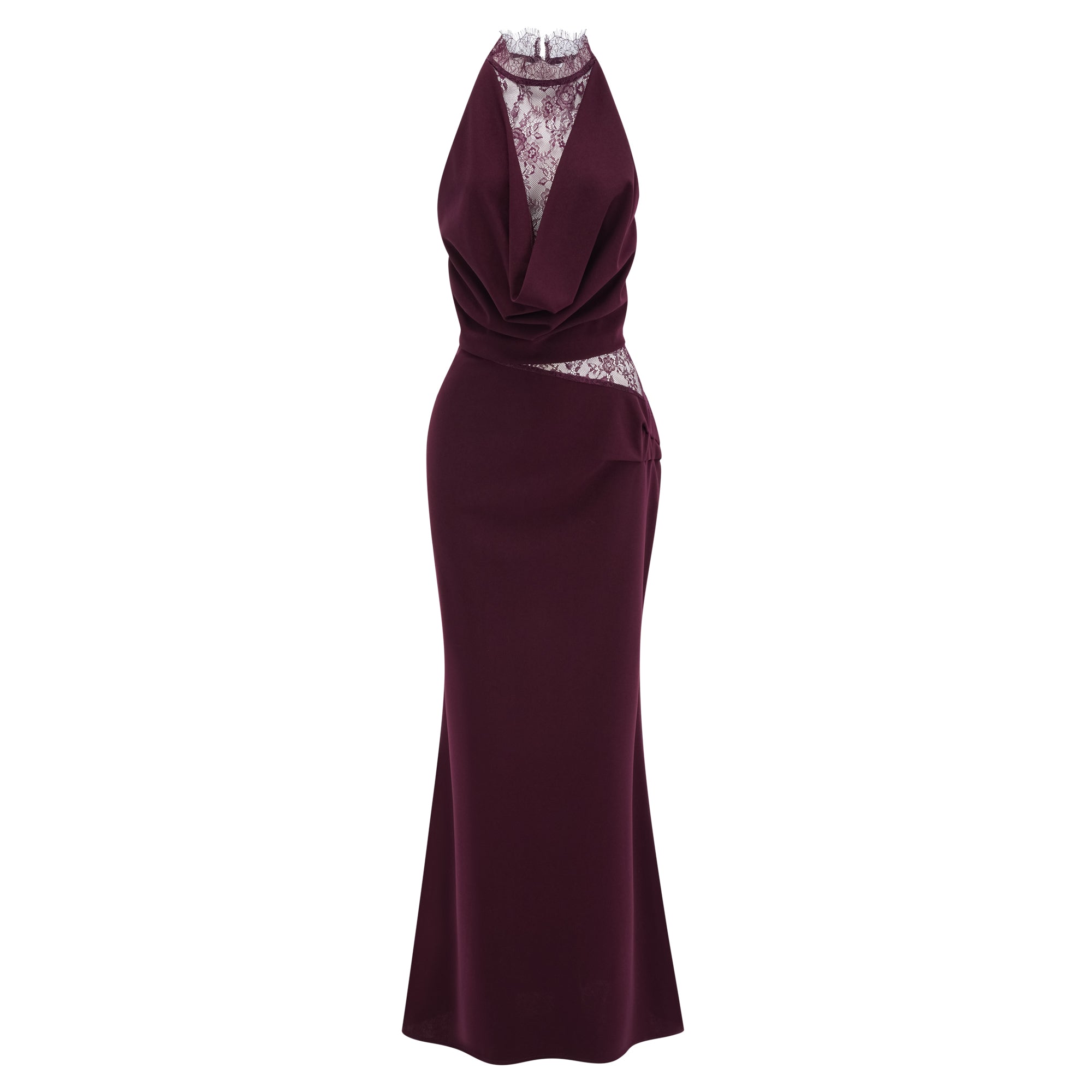 فستان طويل برقبة حلقية من جيوكوندا بورغندي مع لوحة من الدانتيل