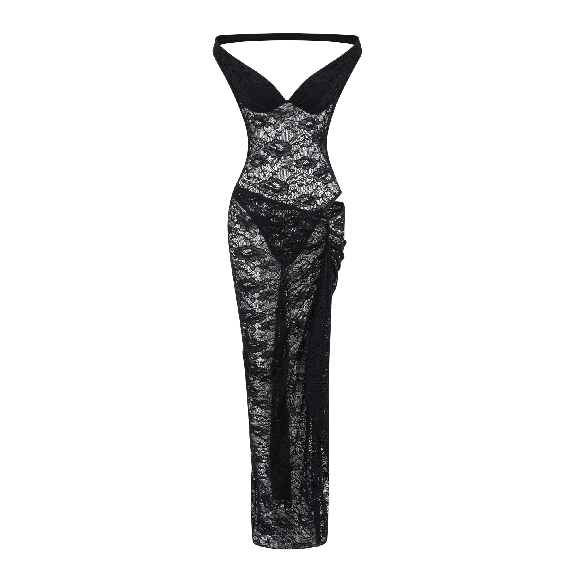 طقم فريدا الأسود شبه الشفاف من الدانتيل المكون من بودي سوت وتنورة