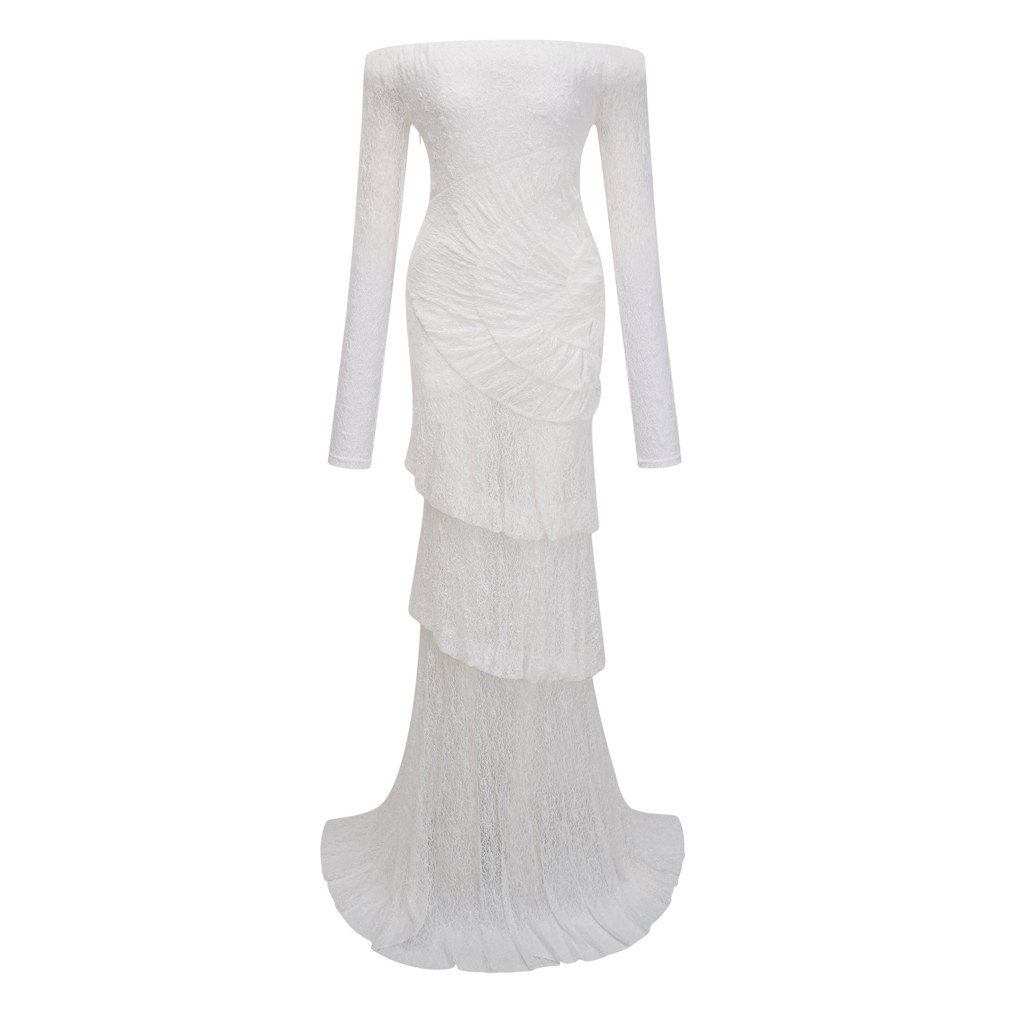 Étincelle White Ruched Lace Maxi Dress