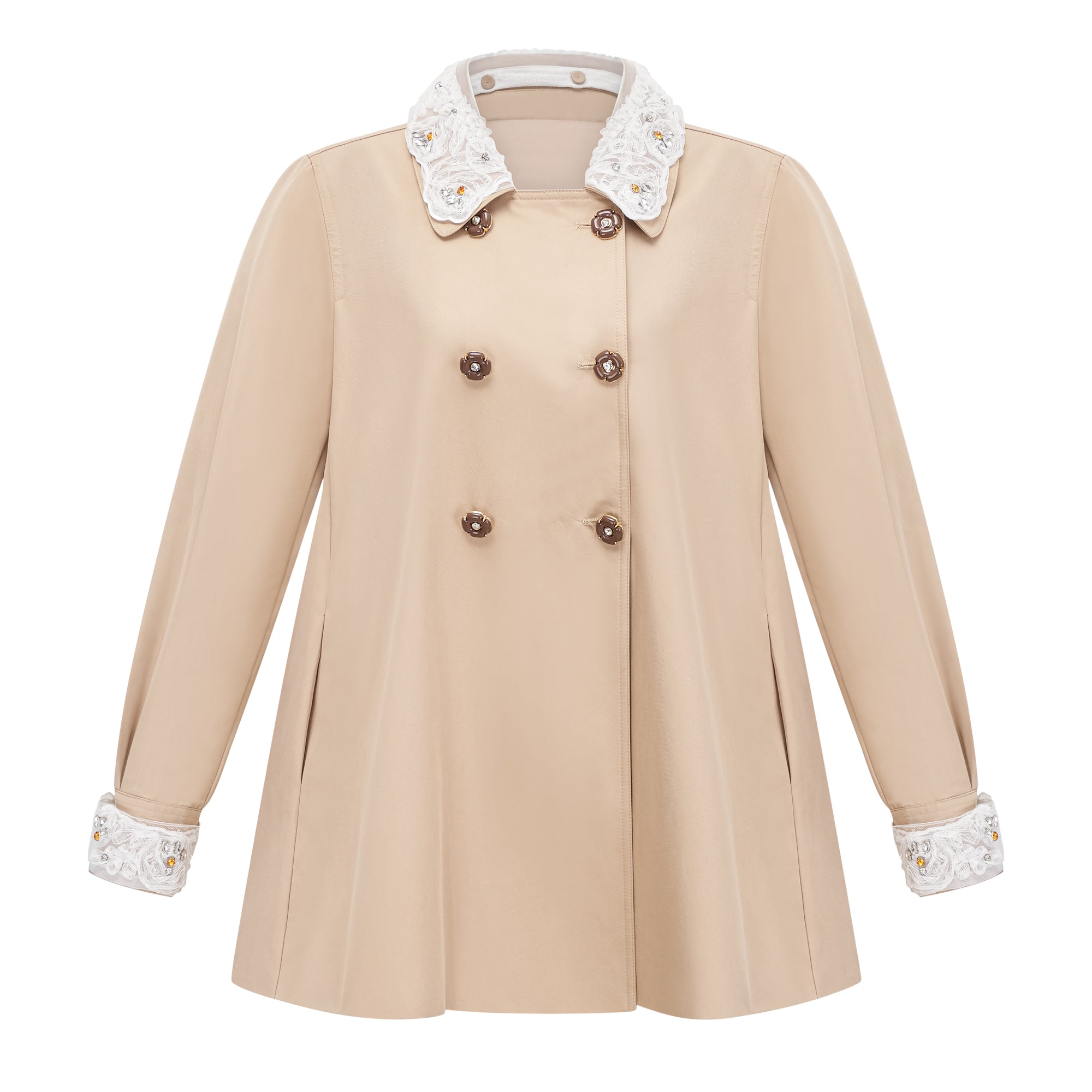 Marta Khaki Embellished Lace Trim Trench Coat