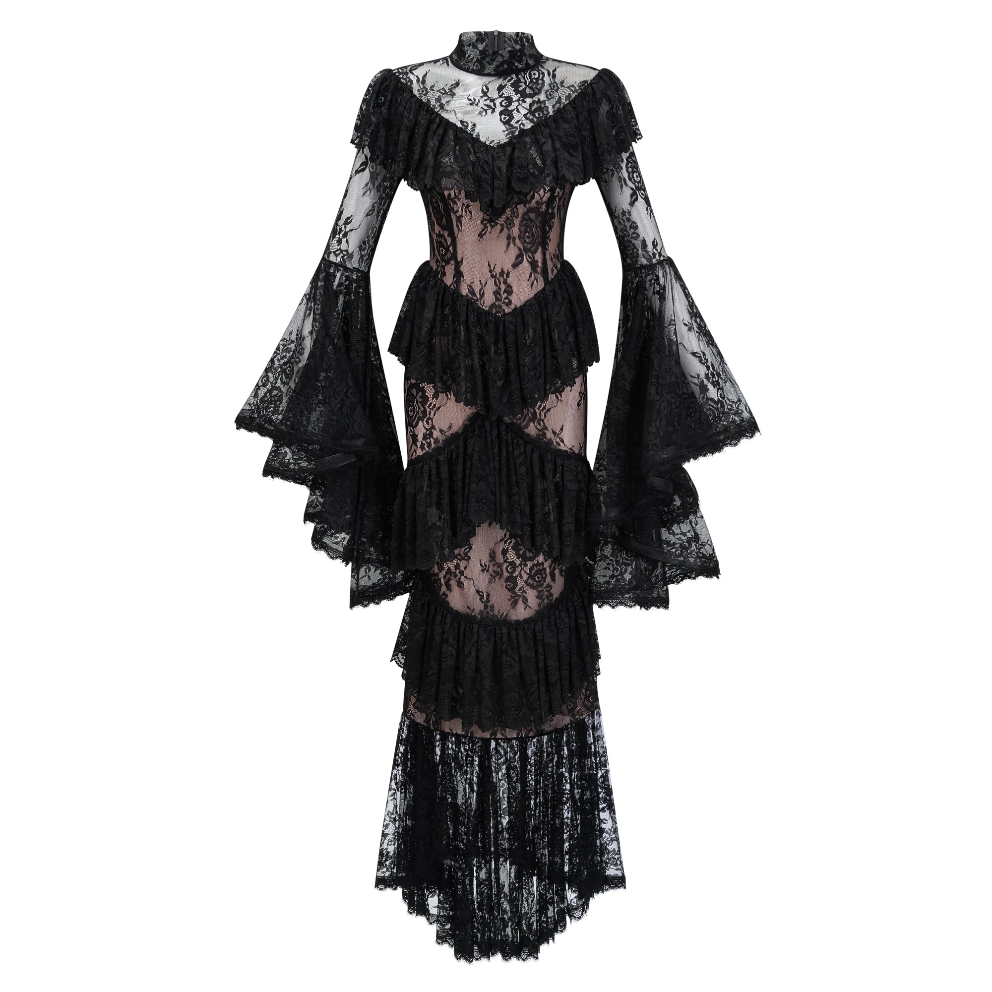 Roxane black floral-lace ruffled maxi dress
