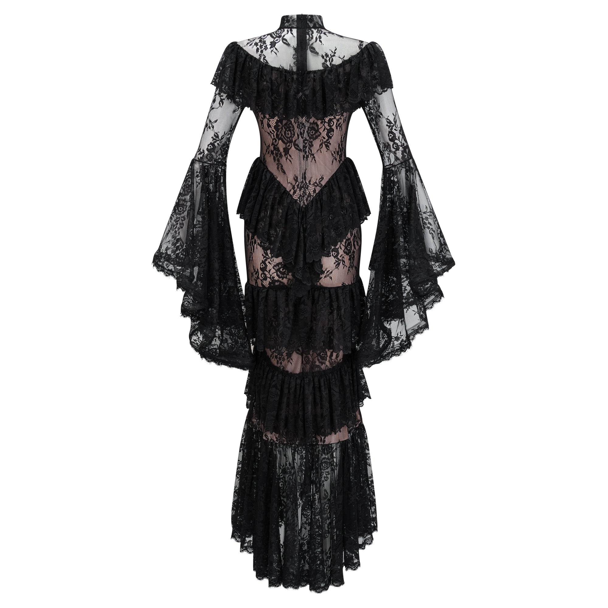 Roxane black floral-lace ruffled maxi dress