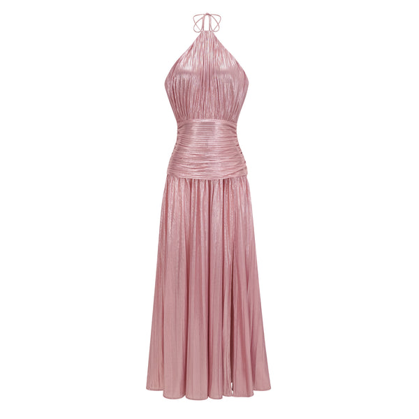 Alchimie Pink Glossy Pleated Maxi Dress, M / Pink