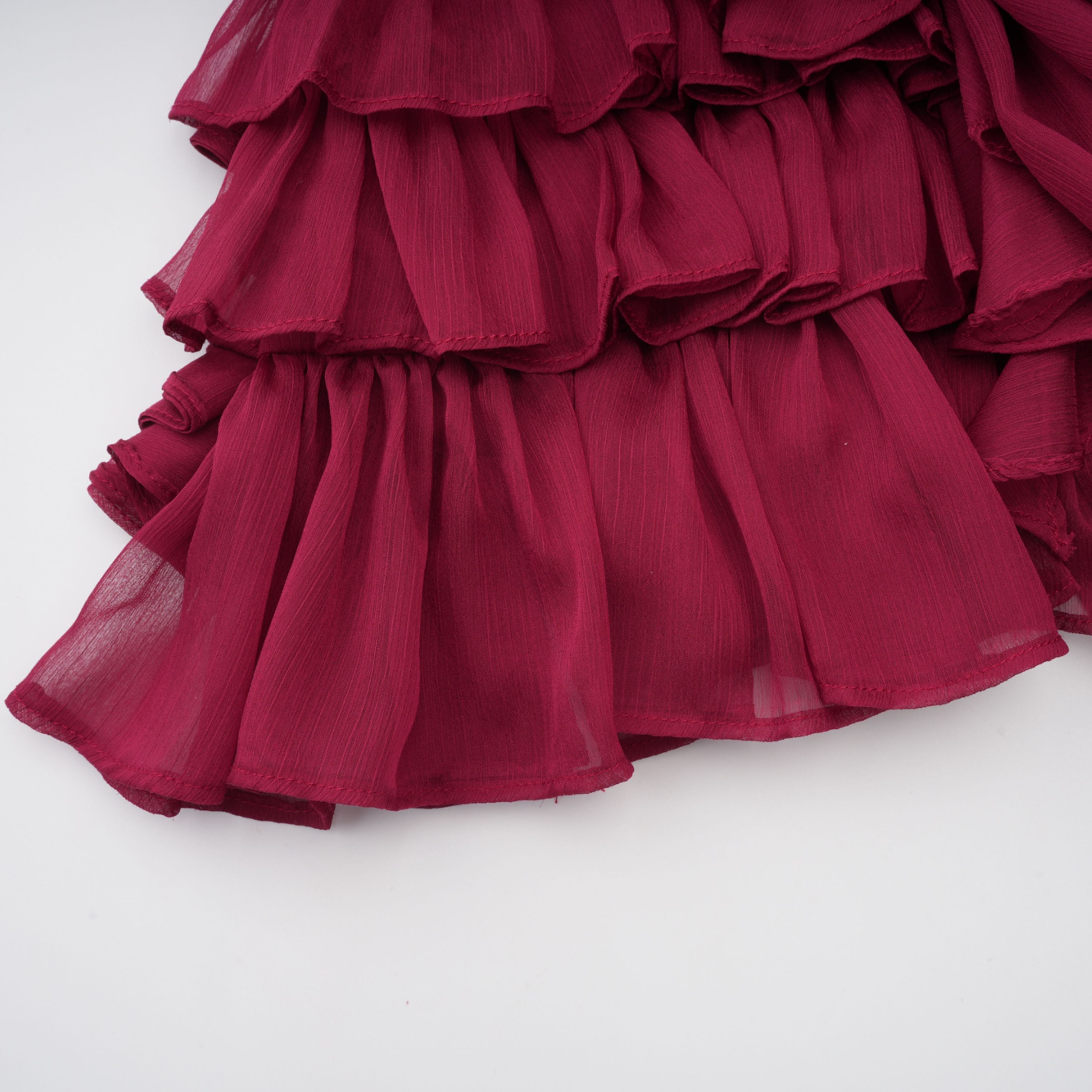 Éléna Burgundy Asymmetrical Ruffled Tulle Mini Dress