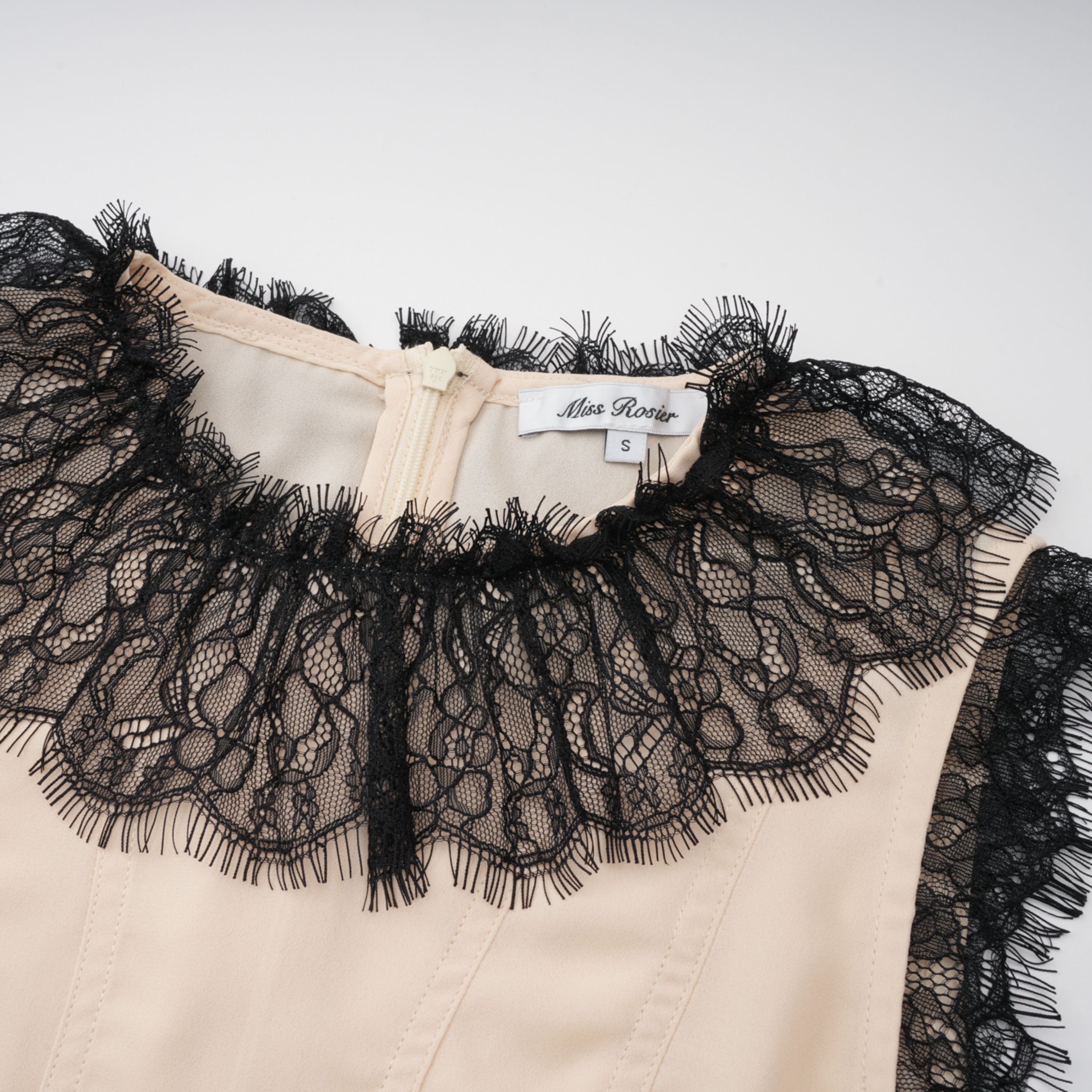 Zsófia Neutral Lace Panel Chiffon Top & Skirt Matching Set