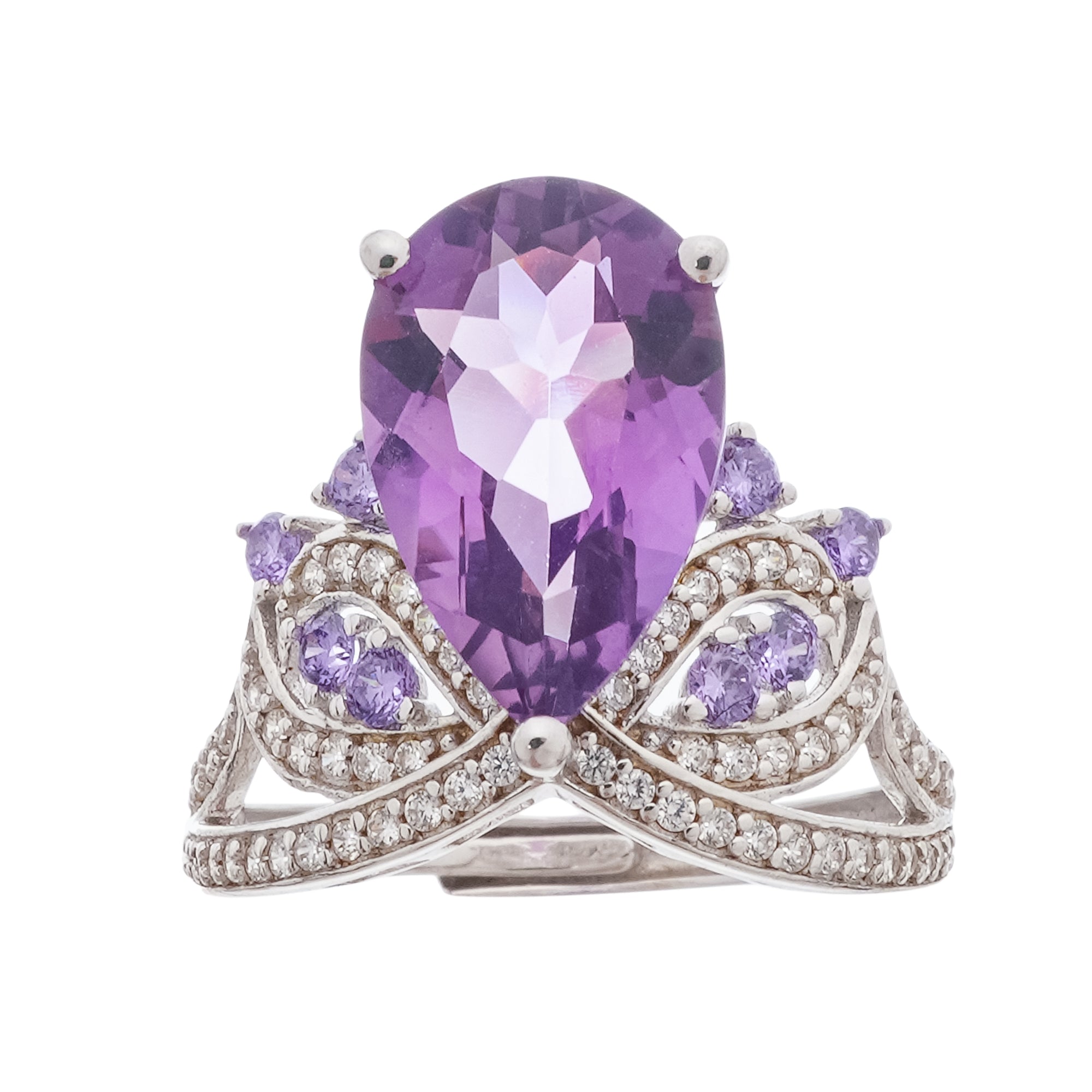 Eléonore Verstellbarer Sterlingsilber-Ring mit violettem Edelstein im Birnenschliff