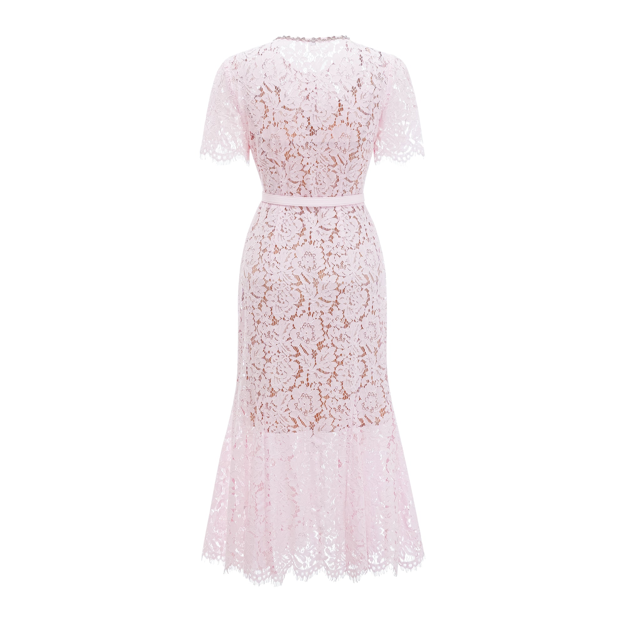 Sabine – Rosafarbenes Meerjungfrau-Midikleid mit Blumenspitze