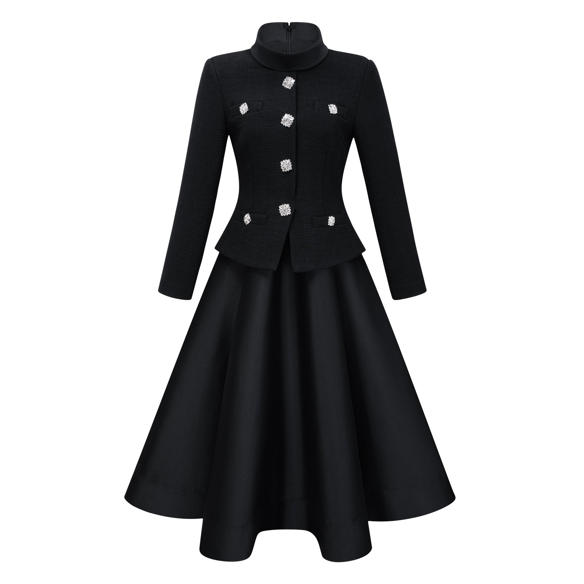 Lorelei Black High Neck Tweed Midi Dress